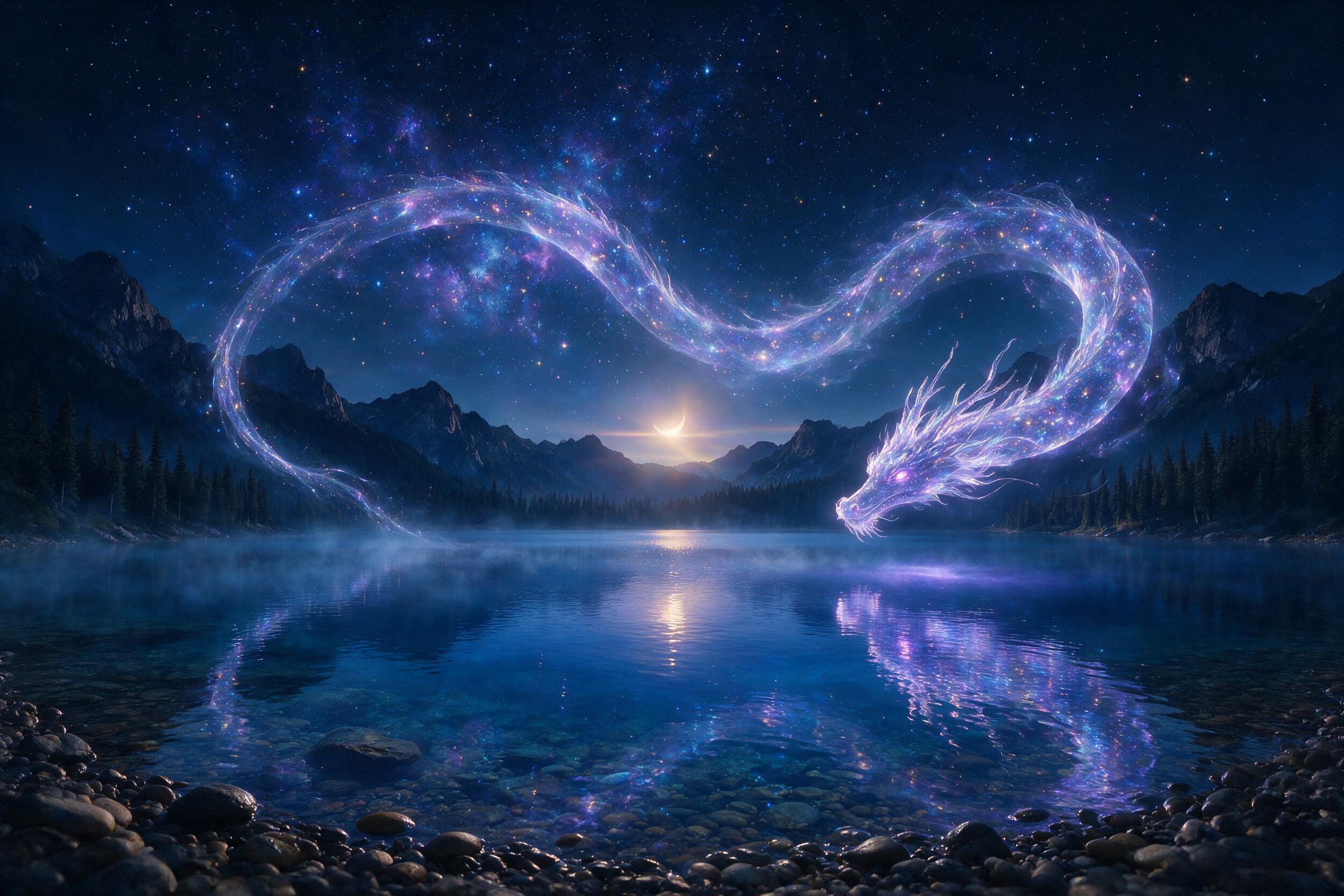 A glowing, translucent dragon made of starlight coils around a crystal-clear mountain lake under a midnight sky, the water reflecting nebula-like colors, soft mist rising from the surface, slight lens flare on the horizon, ethereal, cinematic composition