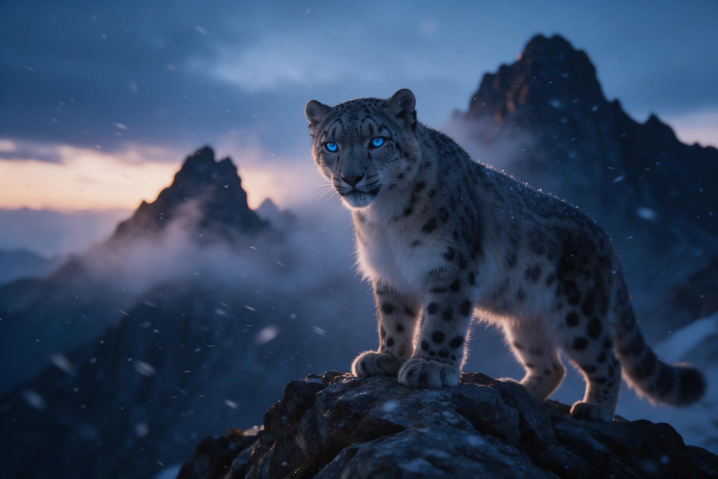 A snow leopard poised on a rocky outcrop at twilight, mist curling around jagged peaks. Its piercing blue eyes catch the last light. Soft rim lighting, cool blue tones with warm orange highlights. Gentle motion blur in the falling snow, shallow depth of field, subtle film grain.