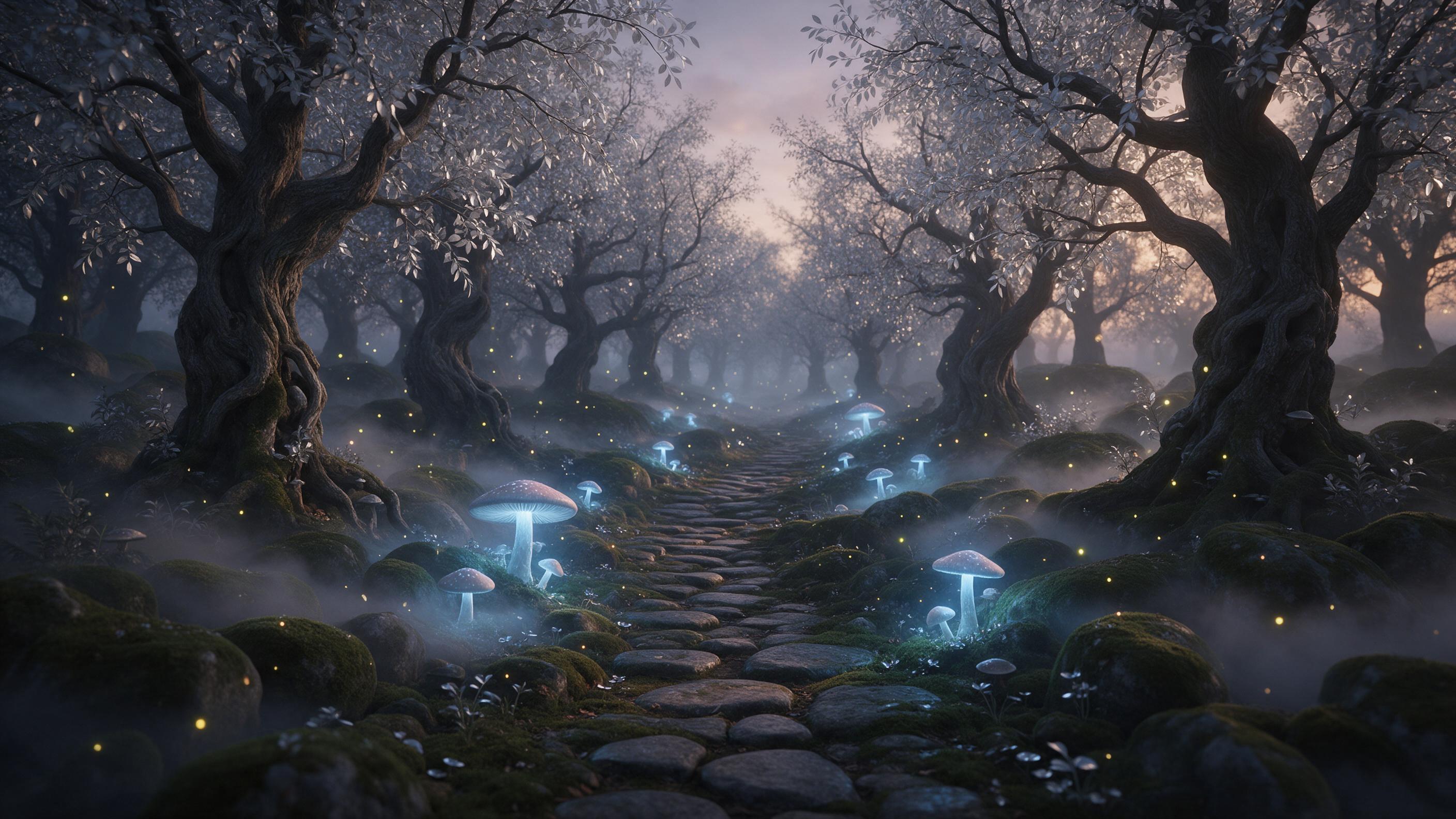 A misty enchanted forest where giant glowing mushrooms cast soft blue light on a winding path, ancient twisted trees with silver leaves, fireflies drifting in the air, ethereal fog rolling over moss-covered stones, twilight ambiance, muted colors with luminous accents, wide-angle composition leading