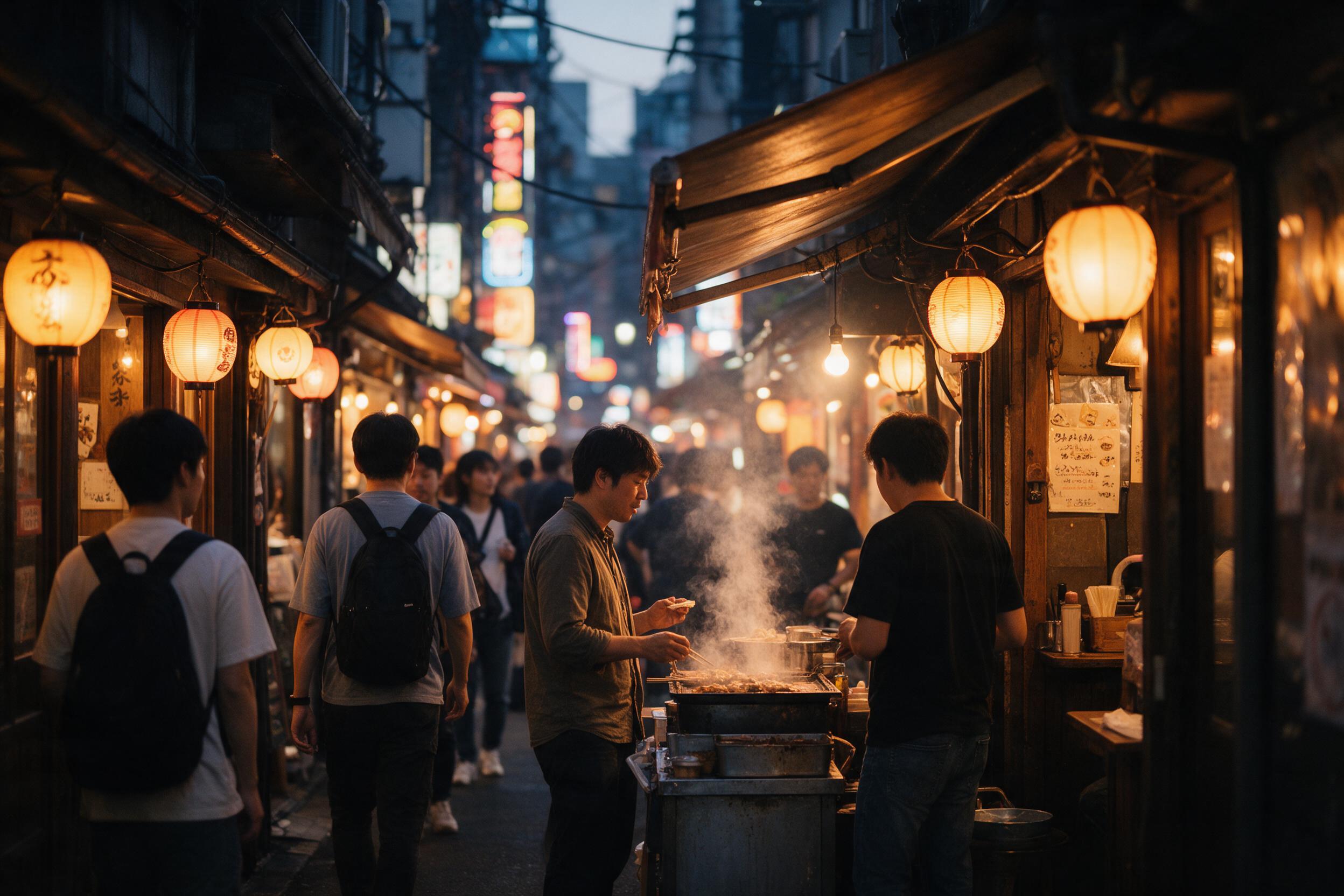 A bustling narrow alley in Tokyo at dusk, warm glowing lanterns hanging from wooden shopfronts, steam rising from a street food stall, people in casual attire walking and chatting, shallow depth of field with blurred neon signs in background, natural twilight blue hour lighting mixed with amber tone
