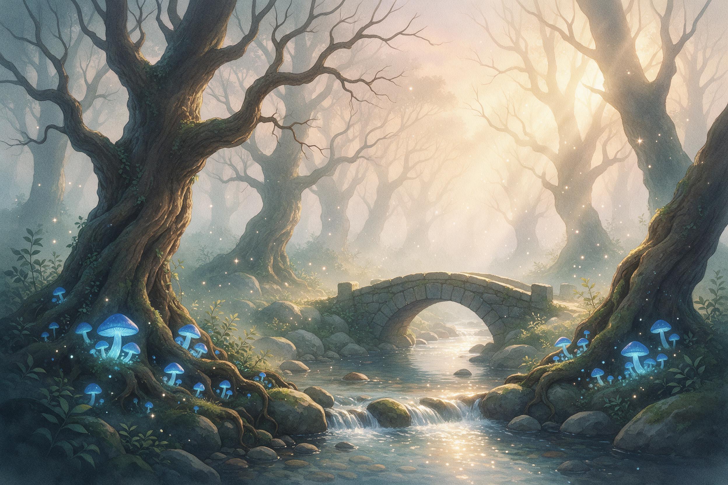 A misty enchanted forest at dawn, ancient gnarled trees with glowing blue mushrooms at their roots, ethereal golden light rays piercing through fog, a small stone bridge over a crystal-clear stream, sparkling fairy dust floating in the air, soft watercolor texture, dreamy atmosphere, gentle composit