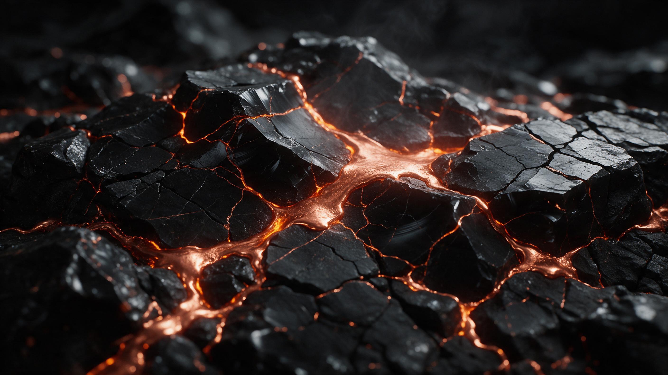 Molten copper liquid flowing through cracked obsidian, forming intricate veins of glowing orange against deep black, macro view with shallow depth of field, dramatic side lighting emphasizing texture, subtle steam rising from cooling metal, dark moody atmosphere