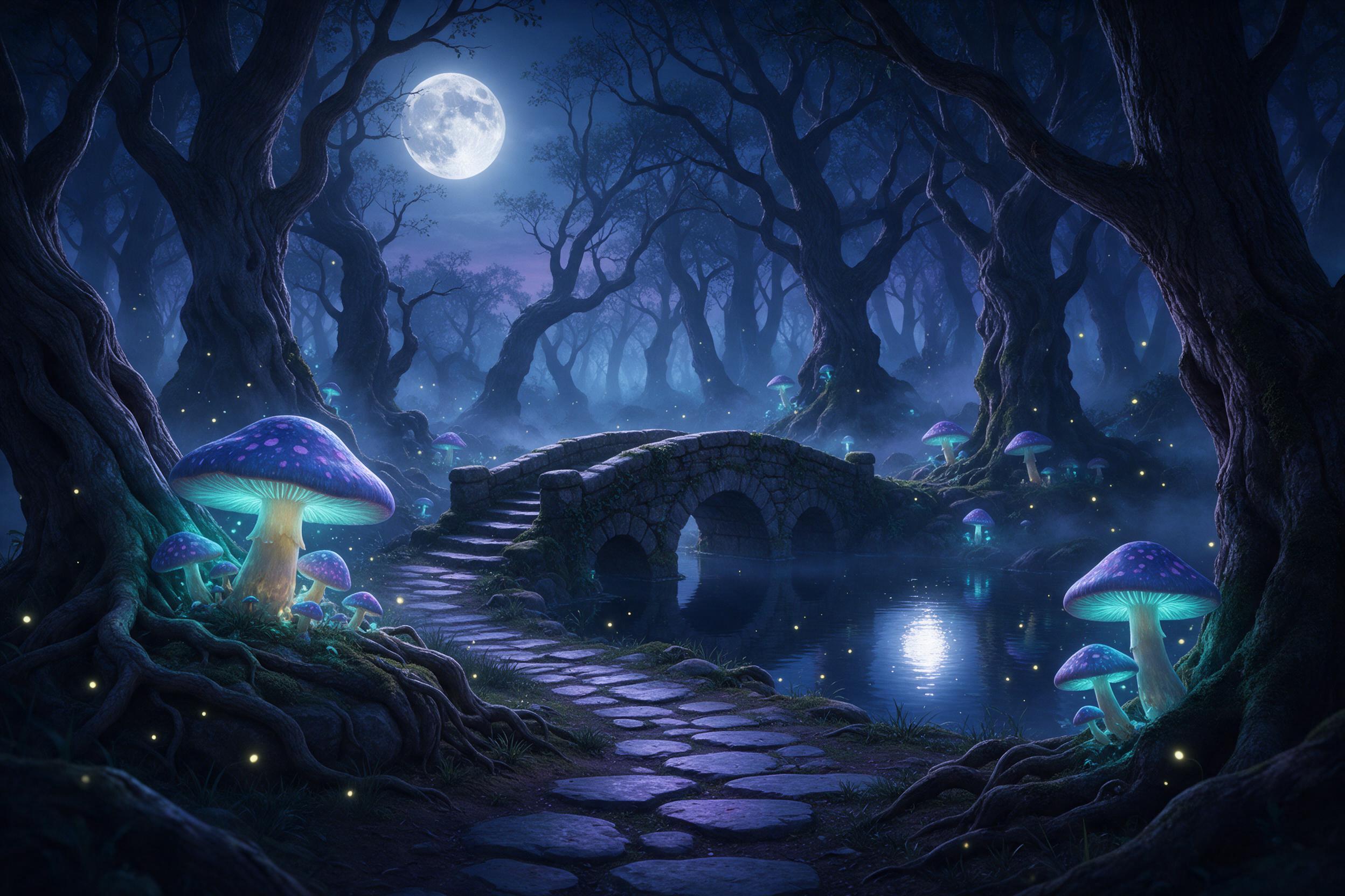 A moonlit ancient forest with giant glowing mushrooms casting soft teal luminescence on a narrow winding path, drifting fireflies, a small stone bridge over a still reflecting pond, mist weaving between gnarled trees, cool blue and purple palette, fantasy illustration style