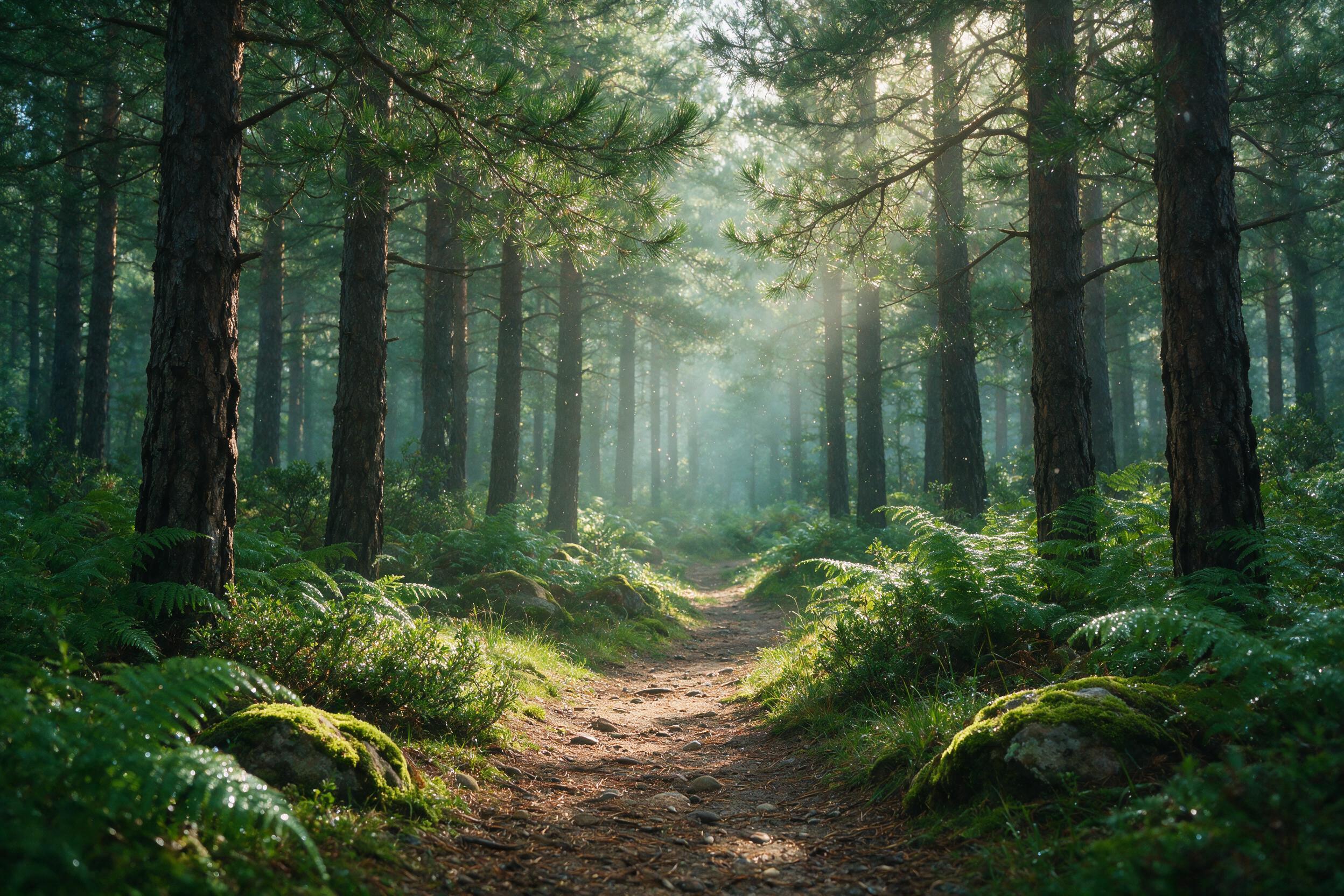 A misty morning in a dense pine forest, soft golden sunlight filtering through the canopy, rays illuminating floating dust particles, a winding dirt path leading into the distance, moss-covered rocks, dew on ferns, shallow depth of field, natural color palette, slight haze adds atmosphere.