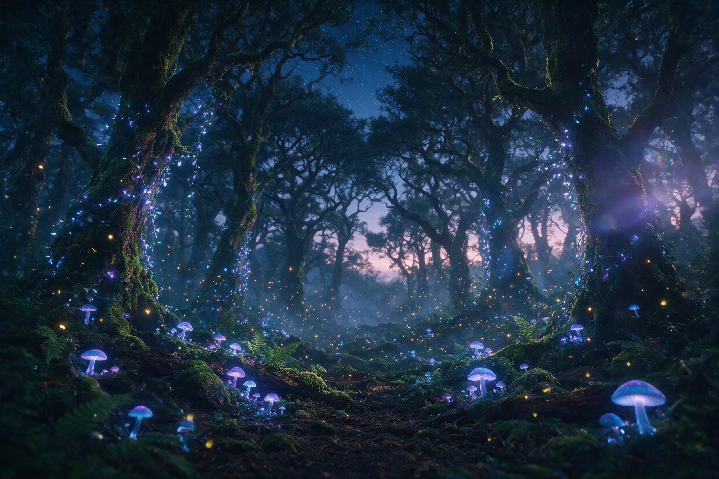 A luminous forest at twilight, bioluminescent mushrooms and glowing vines casting soft blue and purple light, a gentle mist weaving between ancient twisted trees, fireflies dancing in the air, soft focus, dreamy atmosphere, subtle lens flare on the right.