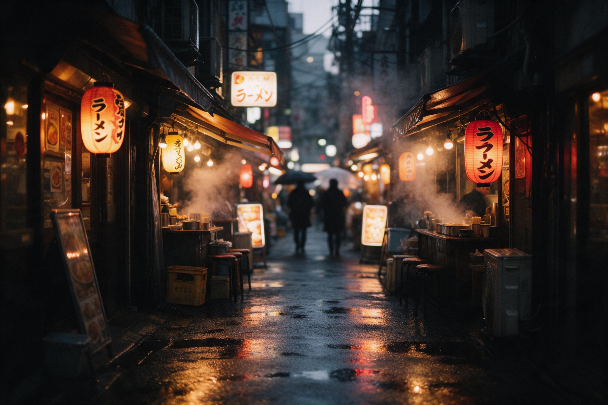 A narrow alley in Tokyo at dusk, wet asphalt reflecting warm neon signs from ramen shops and izakayas, steam rising from food stalls, silhouettes of pedestrians with umbrellas, shallow depth of field with bokeh, natural ambient light mixed with artificial glow, slight grain for cinematic feel