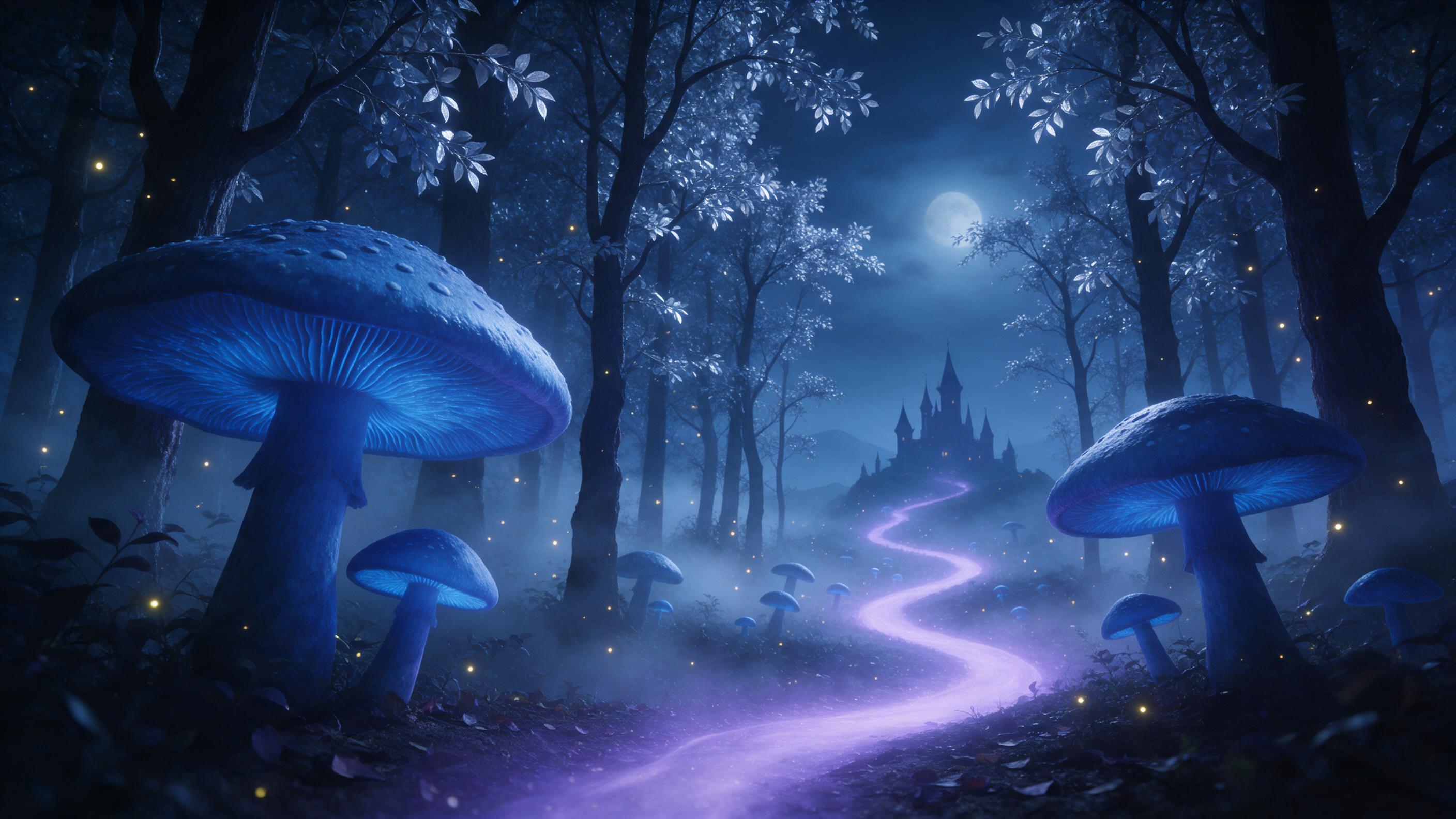 A moonlit enchanted forest with towering glowing blue mushrooms, mist weaving between silver-leafed trees, a winding path of soft violet light leading to a distant castle silhouette, fireflies sparkling in the air, ethereal atmosphere, gentle backlighting, rich colors, cinematic composition