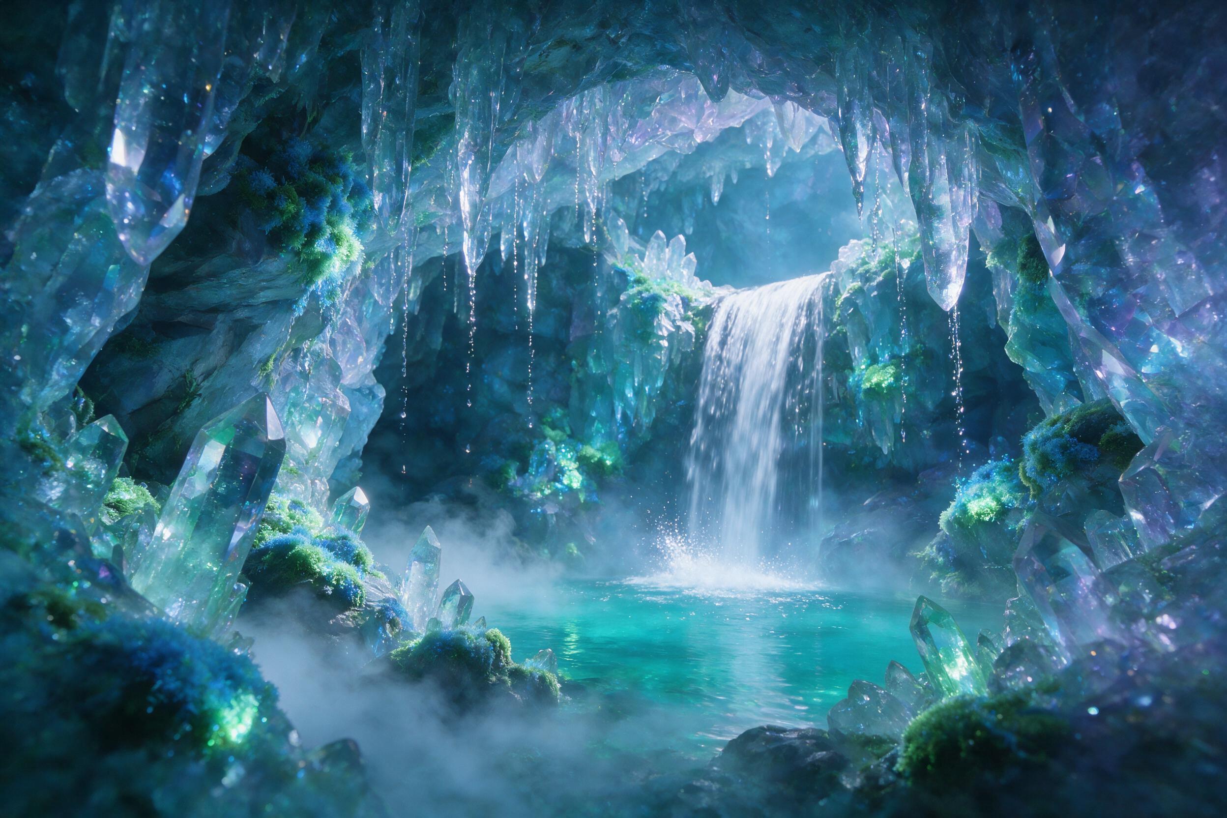 A luminous crystal cave deep underground, bioluminescent moss glowing in soft blue and emerald hues, stalactites dripping with silver liquid, a single waterfall cascading into a turquoise pool, fog rolling across the cavern floor, long exposure shot with soft ambient lighting, slight camera shake ad