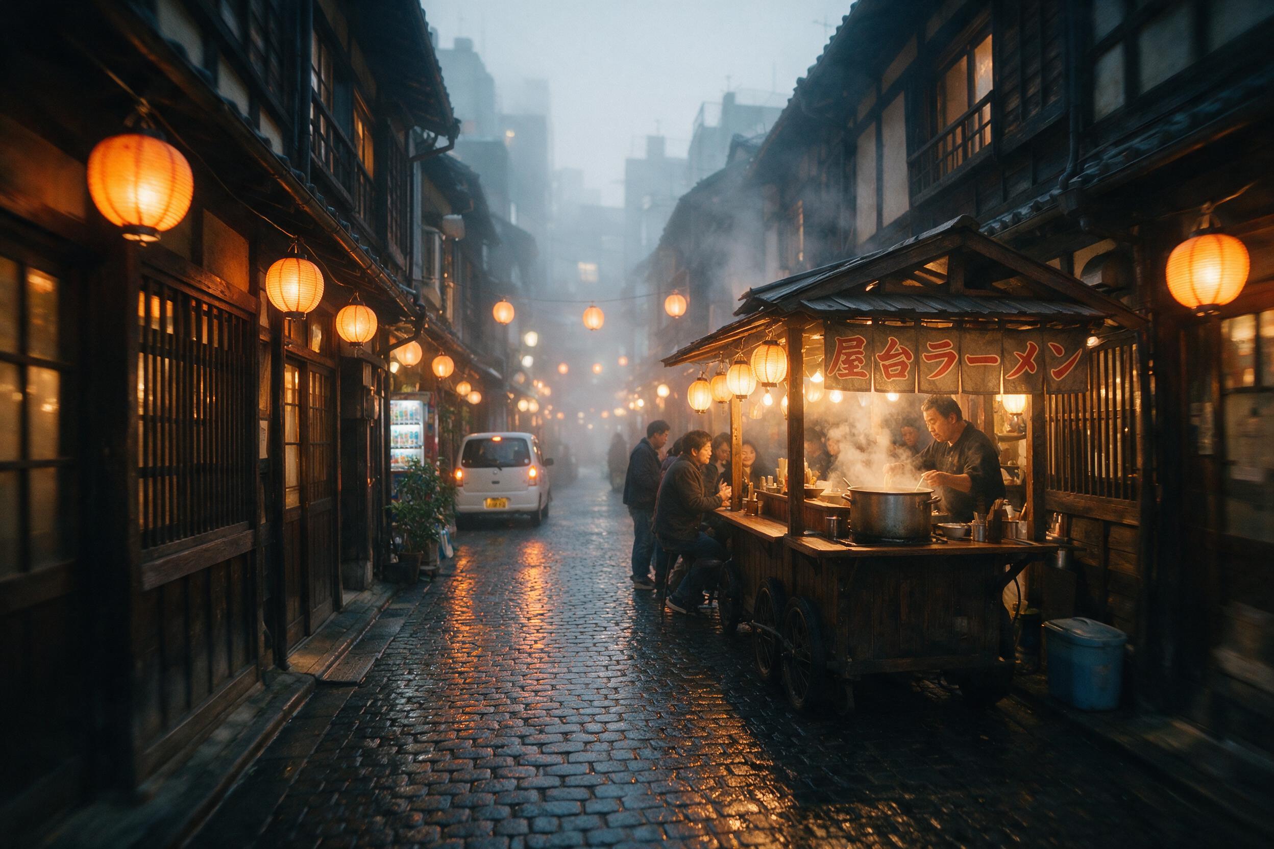 A cozy Tokyo alleyway, steam rising from a ramen stand, warm lantern light reflecting on wet cobblestones, shallow depth of field, slight camera shake, misty evening atmosphere