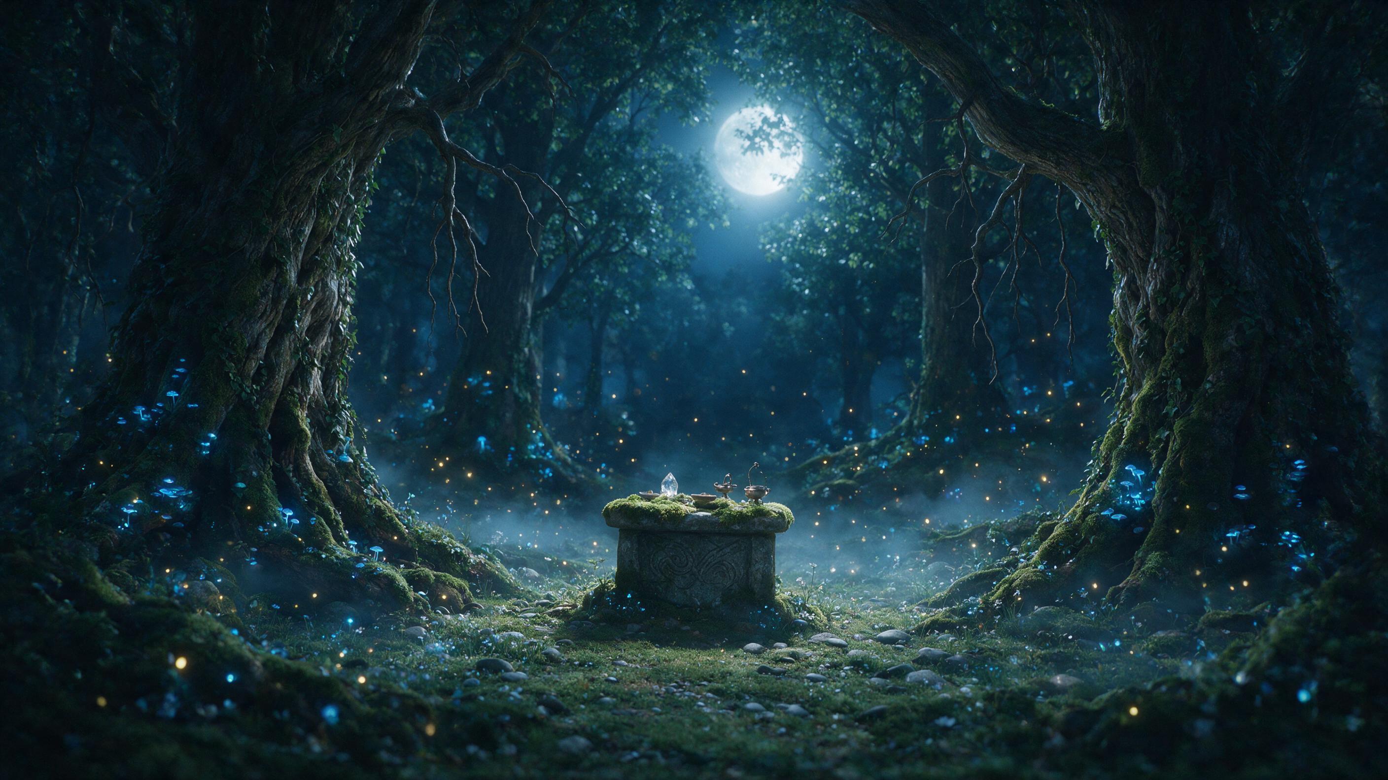 A moonlit enchanted forest clearing, ancient gnarled trees with glowing blue fungi, a small stone altar covered in moss, fireflies drifting in soft mist, ethereal silver light filtering through canopy, deep shadows, cinematic composition, subtle film grain