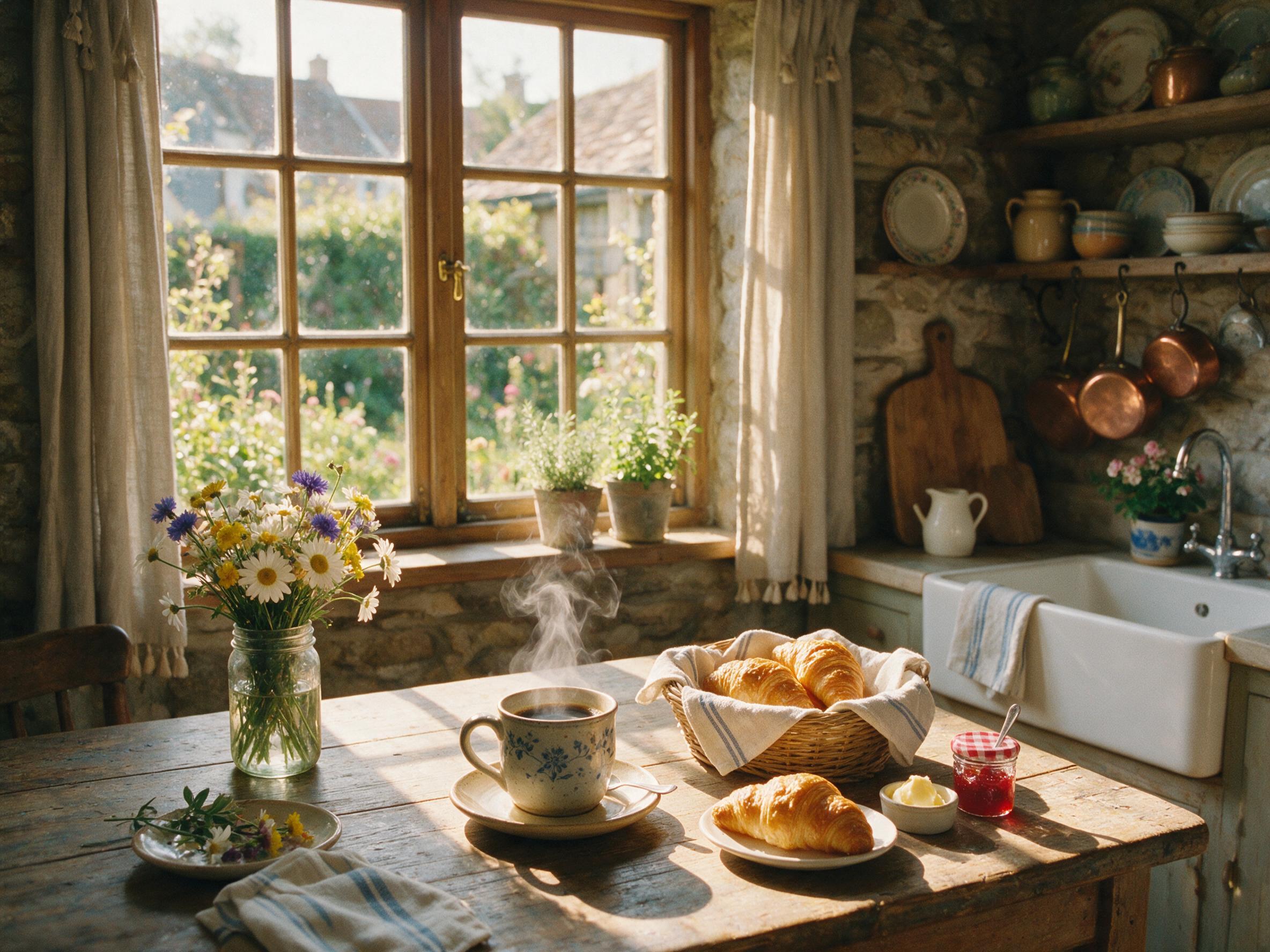 A cozy morning kitchen scene with soft sunlight streaming through a window, casting warm shadows on a wooden table cluttered with a steaming coffee cup, fresh croissants, and a small vase of wildflowers. Slight camera shake on the edge, natural grain, 35mm film look.