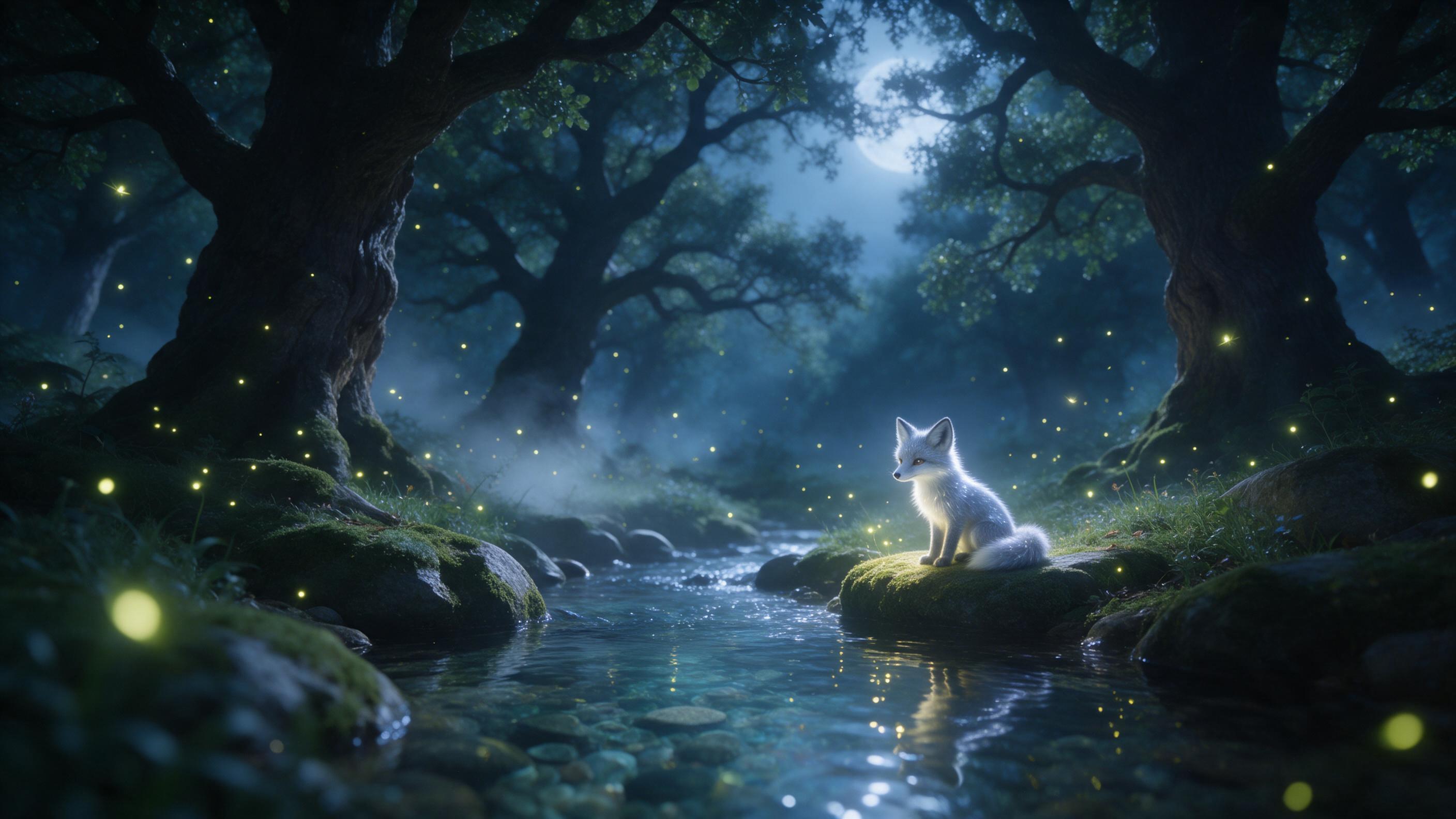In an enchanted forest, a small glowing fox with silver fur sits on a mossy stone beside a crystal-clear stream. Fireflies drift like tiny lanterns among ancient oaks, while pale blue moonlight filters through the canopy. The scene is softly lit, with a dreamy atmosphere and subtle mist rising from 