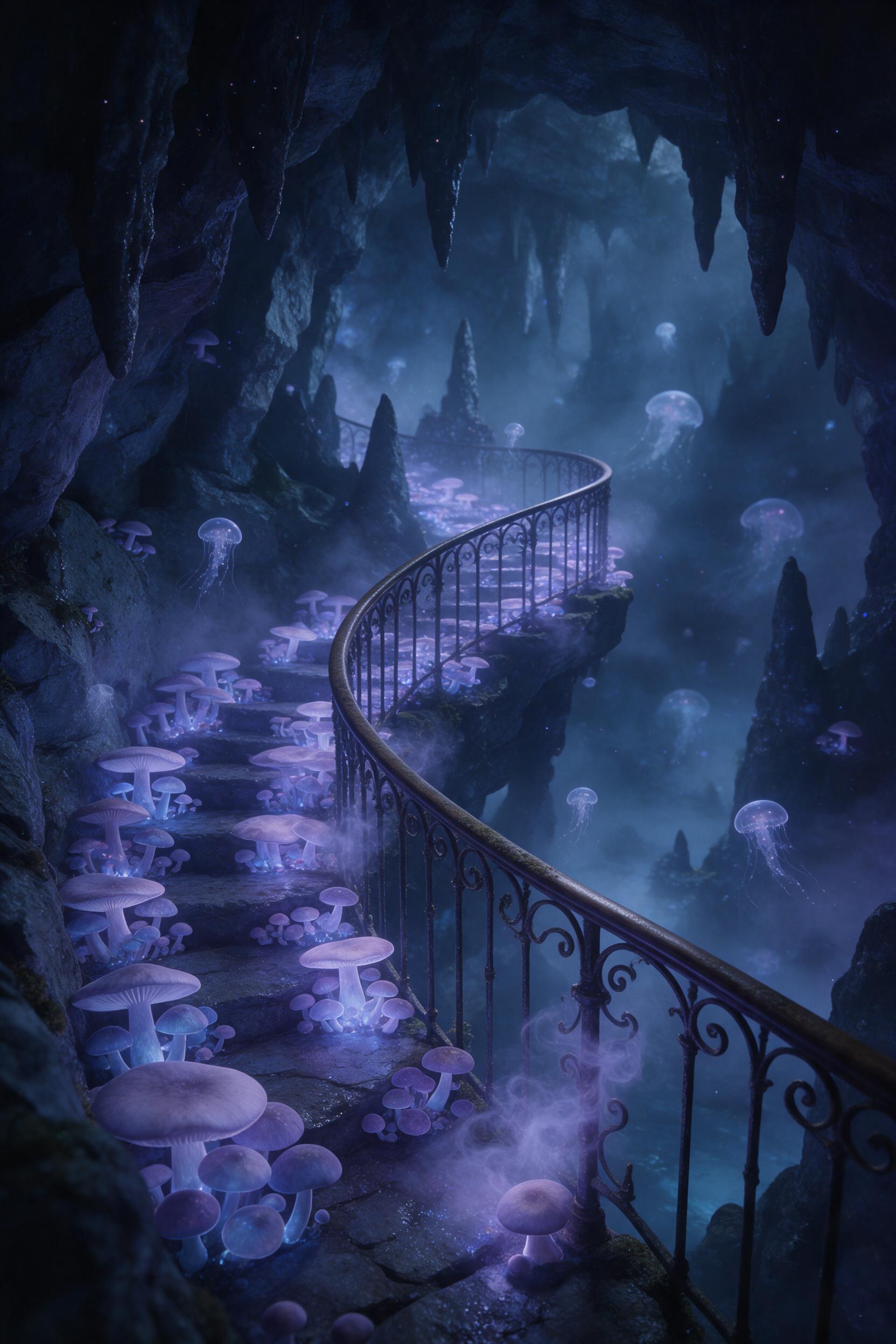 A winding stairway of glowing mushrooms descends into a misty, bioluminescent cavern filled with hovering, translucent jellyfish-like creatures; soft blue-violet light pools on the damp stone, wisps of magical fog curl around ornate iron railings, cinematic depth and whimsical wonder, muted fantasy 