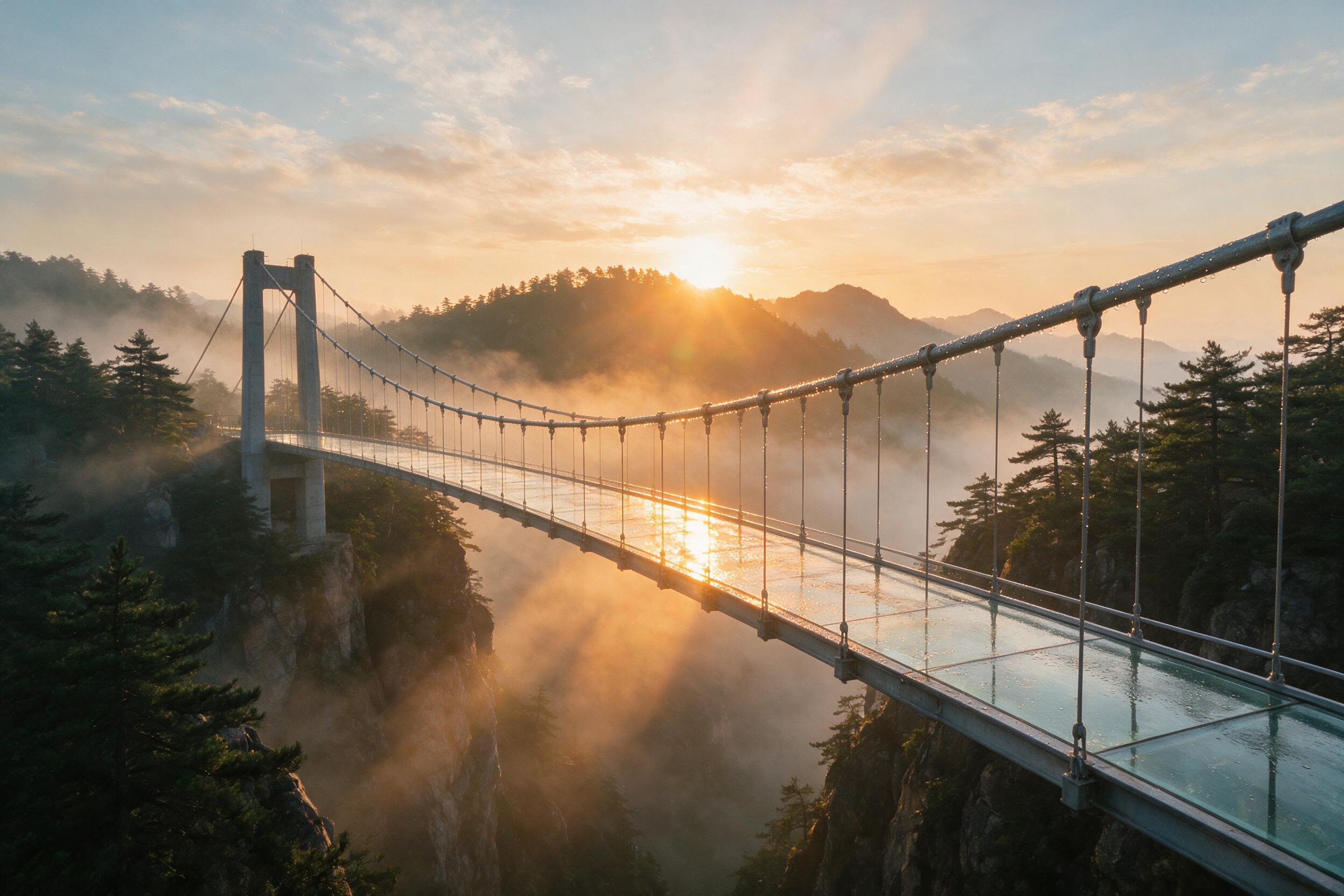 A modern glass bridge spanning a misty mountain gorge at dawn, low sun casting long shadows, warm orange light reflecting off wet steel cables, fine mist drifting, distant pine forests, lens flare, slight camera shake, natural atmospheric perspective, no people, clean minimal composition