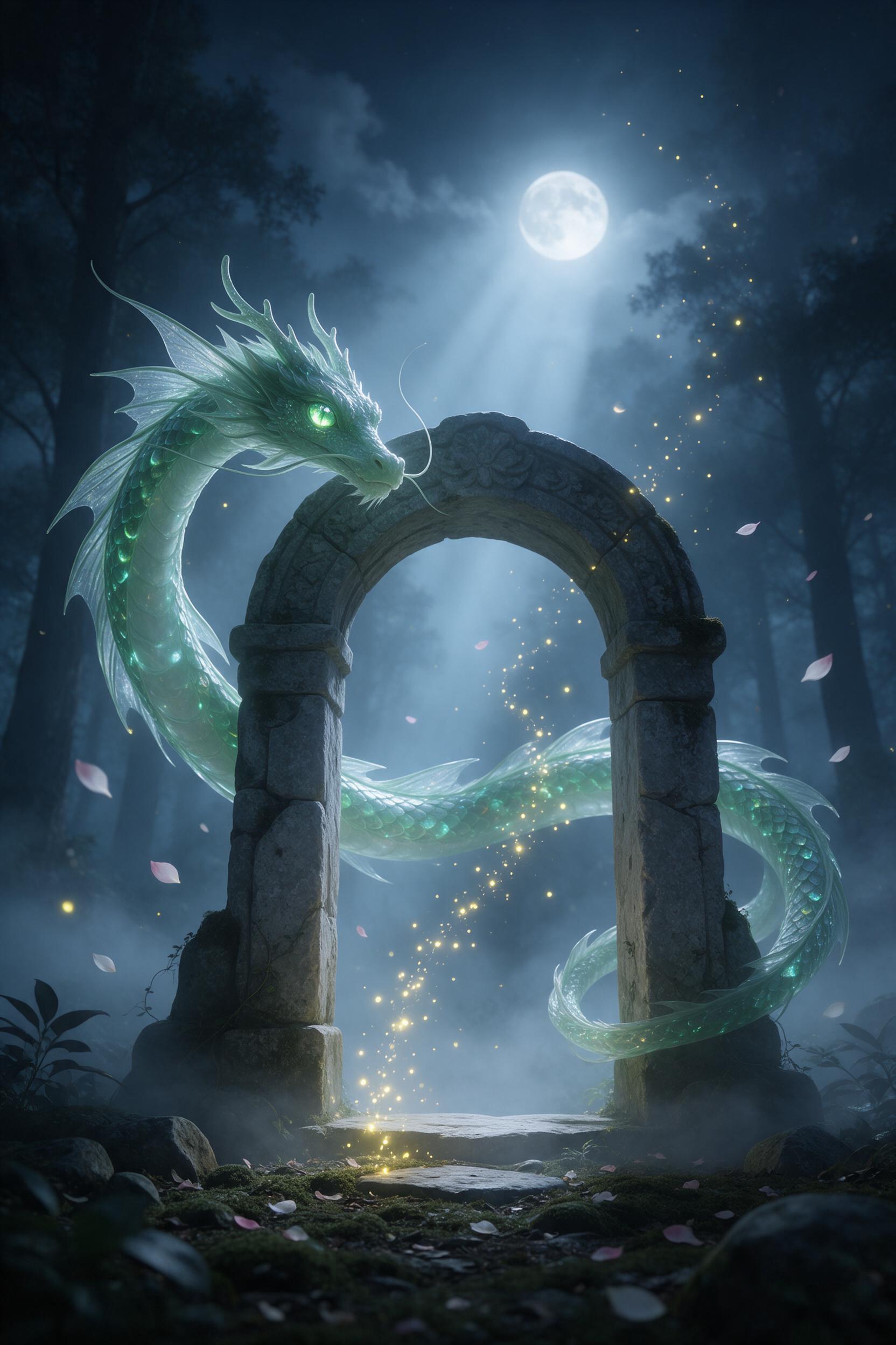 In a misty twilight forest, a translucent dragon with glowing emerald scales curls around an ancient stone archway. Fireflies spiral upward, creating a soft light path. Volumetric fog catches moonbeams, revealing floating petals. Composition: low-angle view, central arch, dragon's eye reflecting a d