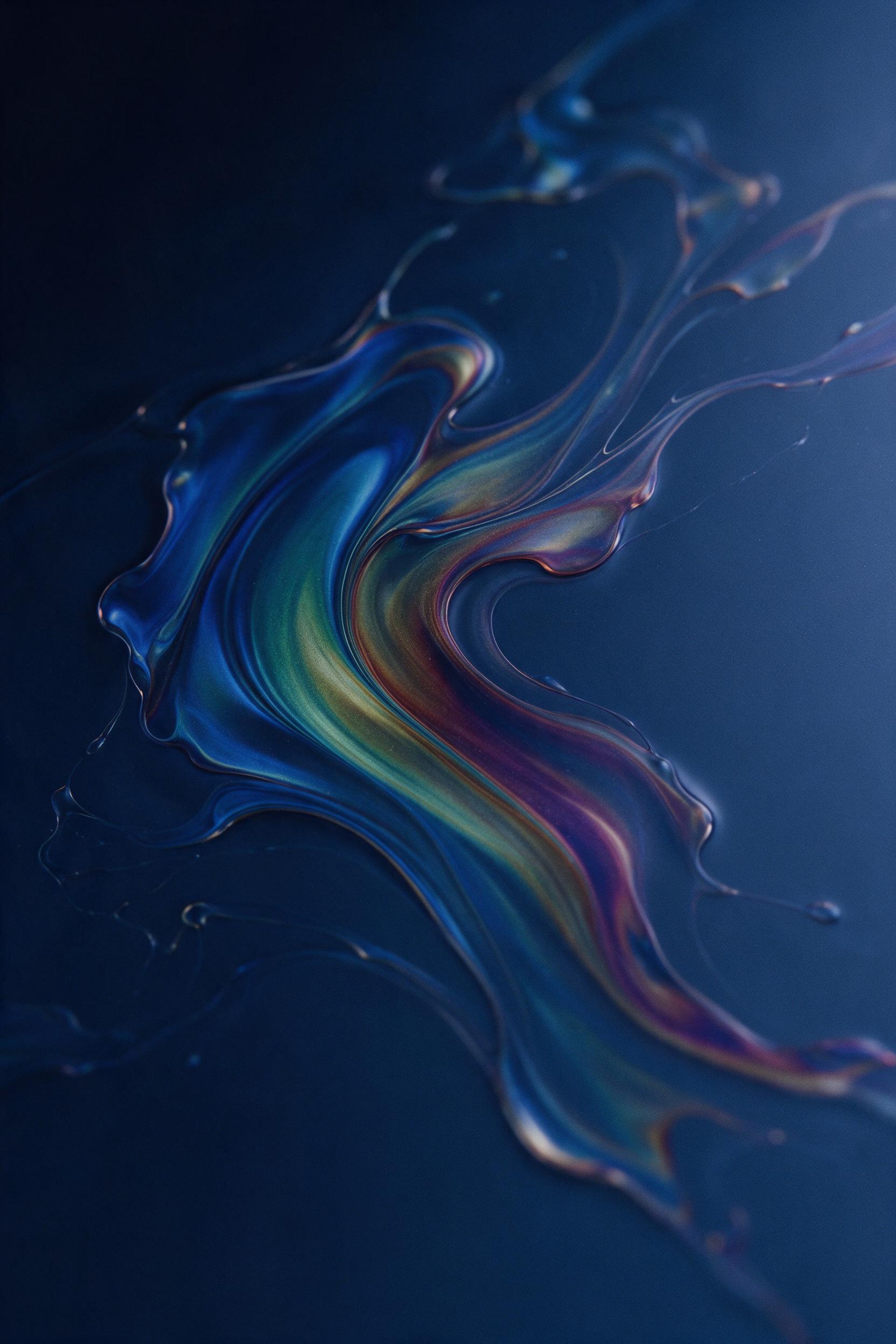 A fluid abstract composition, swirling ribbons of iridescent oil colors on a dark navy background, macro lens focus, soft studio lighting casting gentle shadows, minimal with elegant negative space, subtle film grain, no text or watermarks.