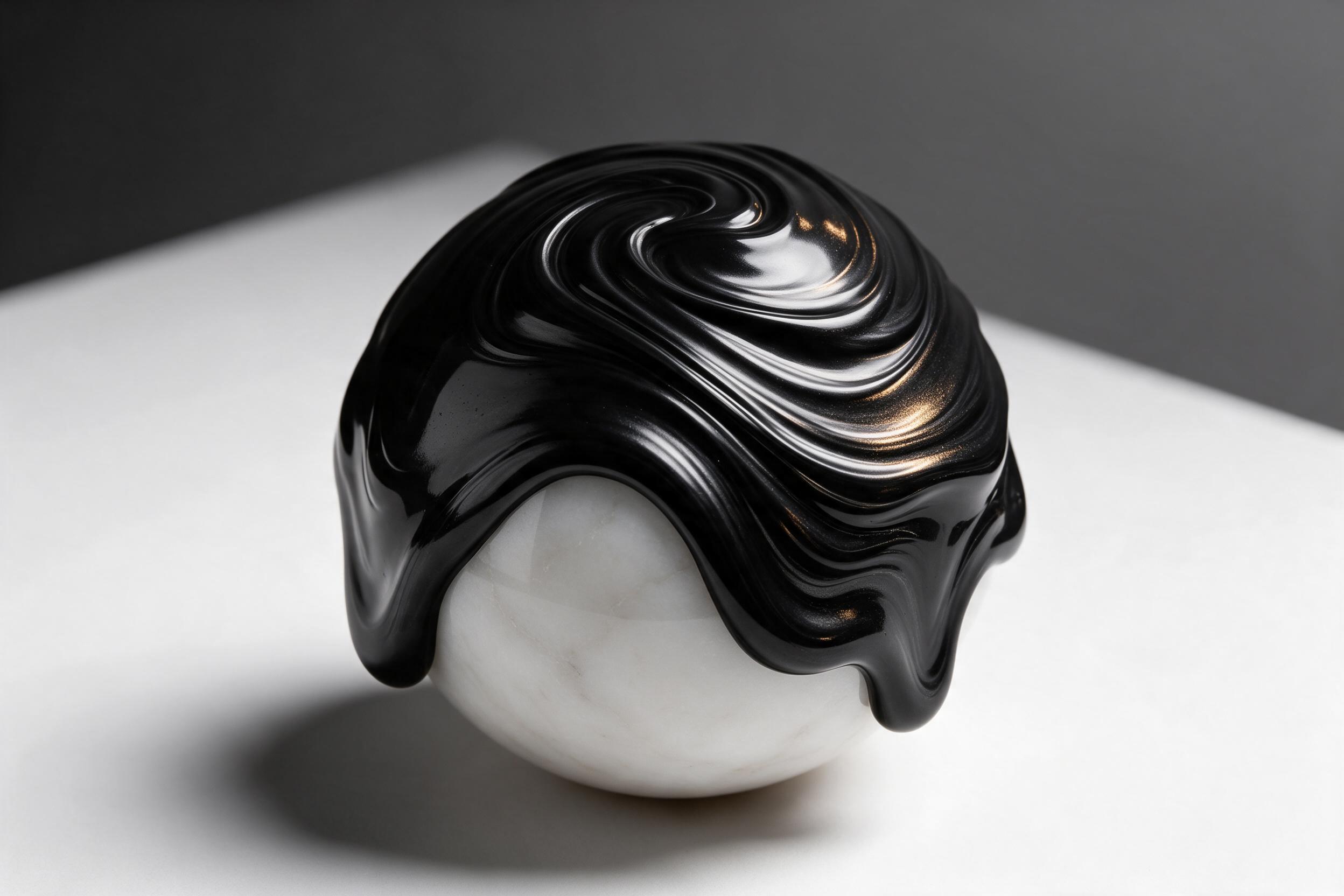 Viscous black liquid metal flowing over a smooth white marble sphere, elegant swirling ripples catching soft golden side light, deep shadows in the crevices, minimalist high-contrast studio composition, subtle reflection on polished surface, no text or watermarks