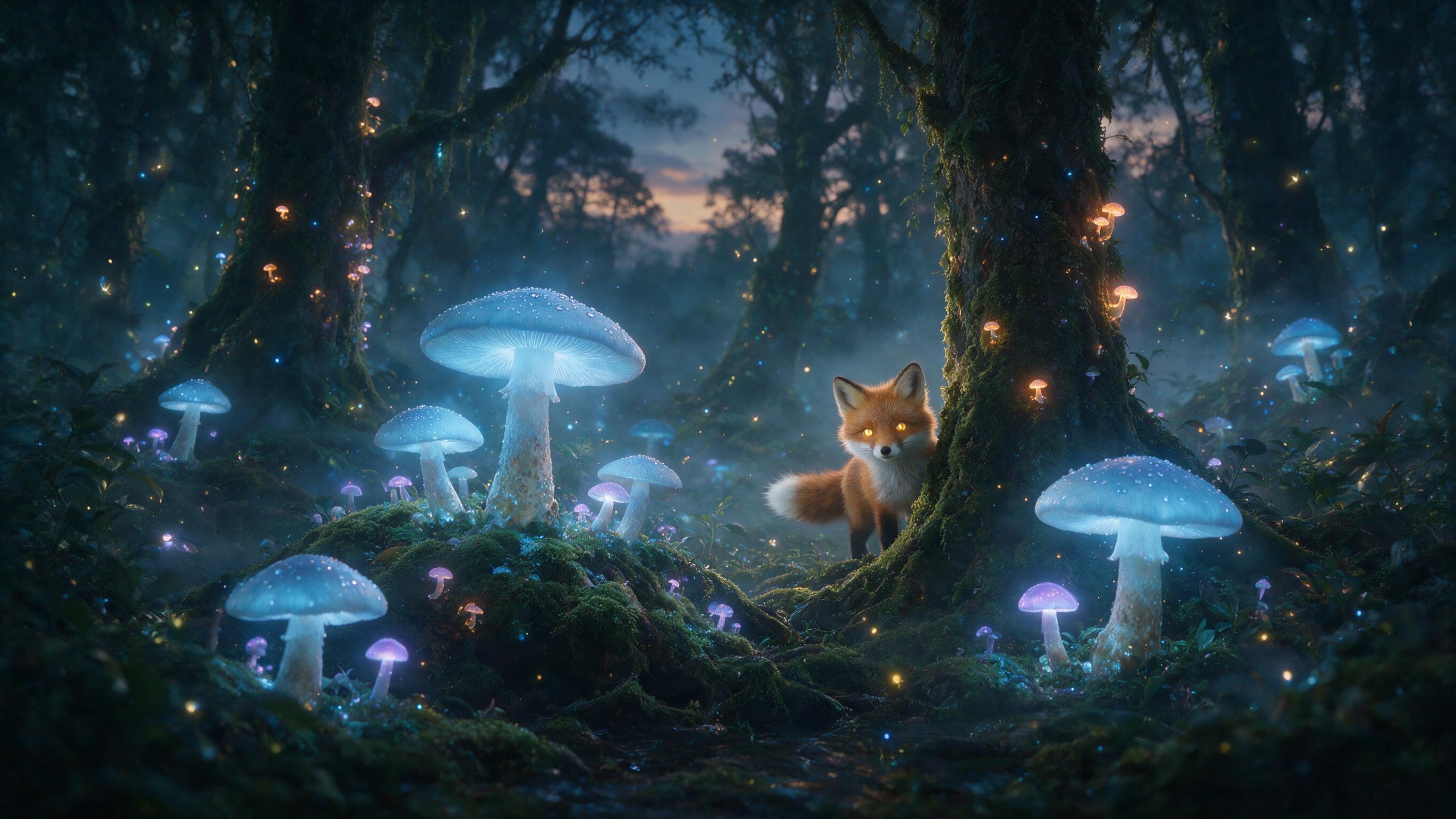 A misty enchanted forest at twilight, giant glowing mushrooms casting soft blue light on moss-covered roots, a small fox with golden eyes peeking from behind a tree, ethereal fireflies floating in the air, soft fog, shallow depth of field, natural lighting from glowing flora