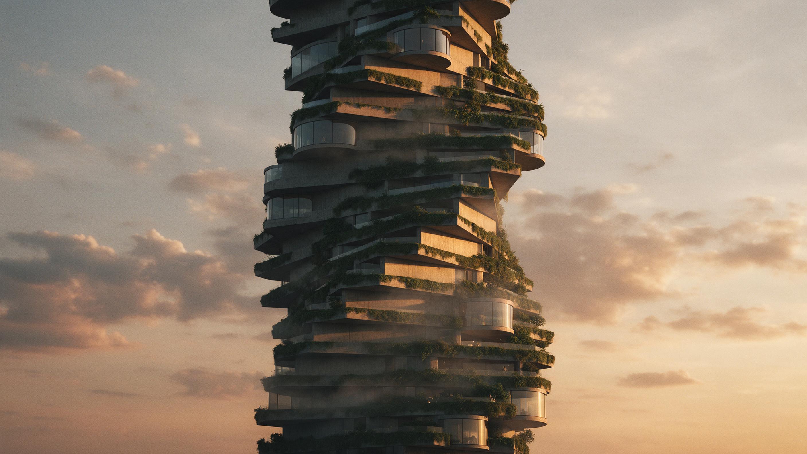 A brutalist concrete tower wrapped in cascading green terraces, golden hour sunlight casting long diagonal shadows, curved glass balconies reflecting warm orange sky, subtle fog between levels, shot from below with a 24mm lens, natural film grain, muted color palette