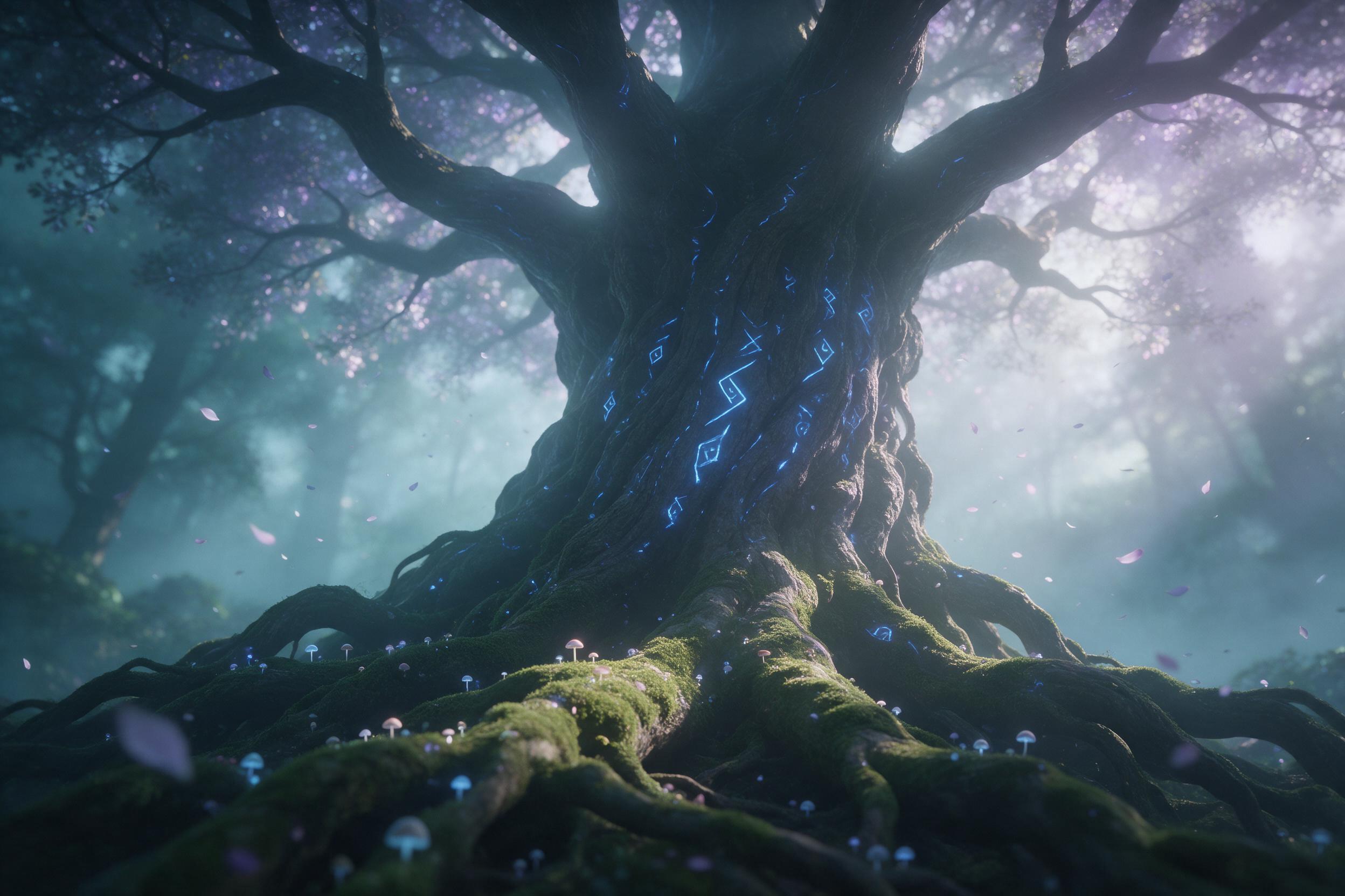 Misty enchanted forest at dawn, colossal ancient tree with glowing blue runes, tiny glowing mushrooms along mossy roots, soft volumetric light rays piercing fog, scattered petals floating in air, cool teal and purple palette, shallow depth of field, ethereal atmosphere, no people, no text