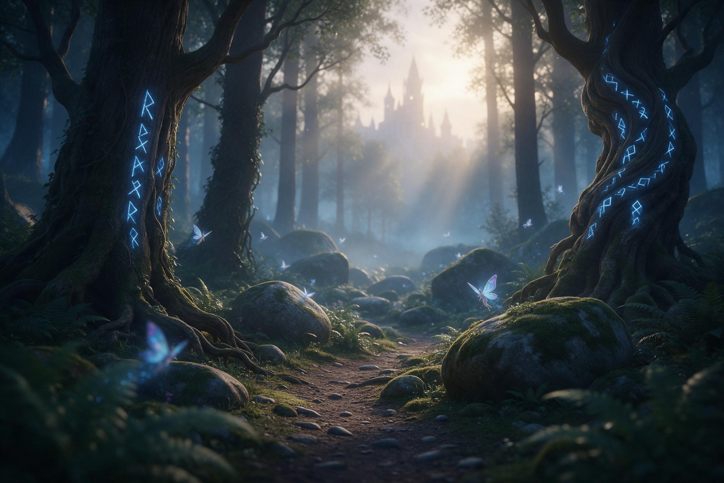 A misty enchanted forest at dawn, ancient gnarled trees with glowing blue runes carved into bark, soft golden light filtering through canopy, tiny iridescent fairies flitting between ferns, moss-covered stones, a winding path leading to a distant castle silhouette, ethereal atmosphere, shallow depth
