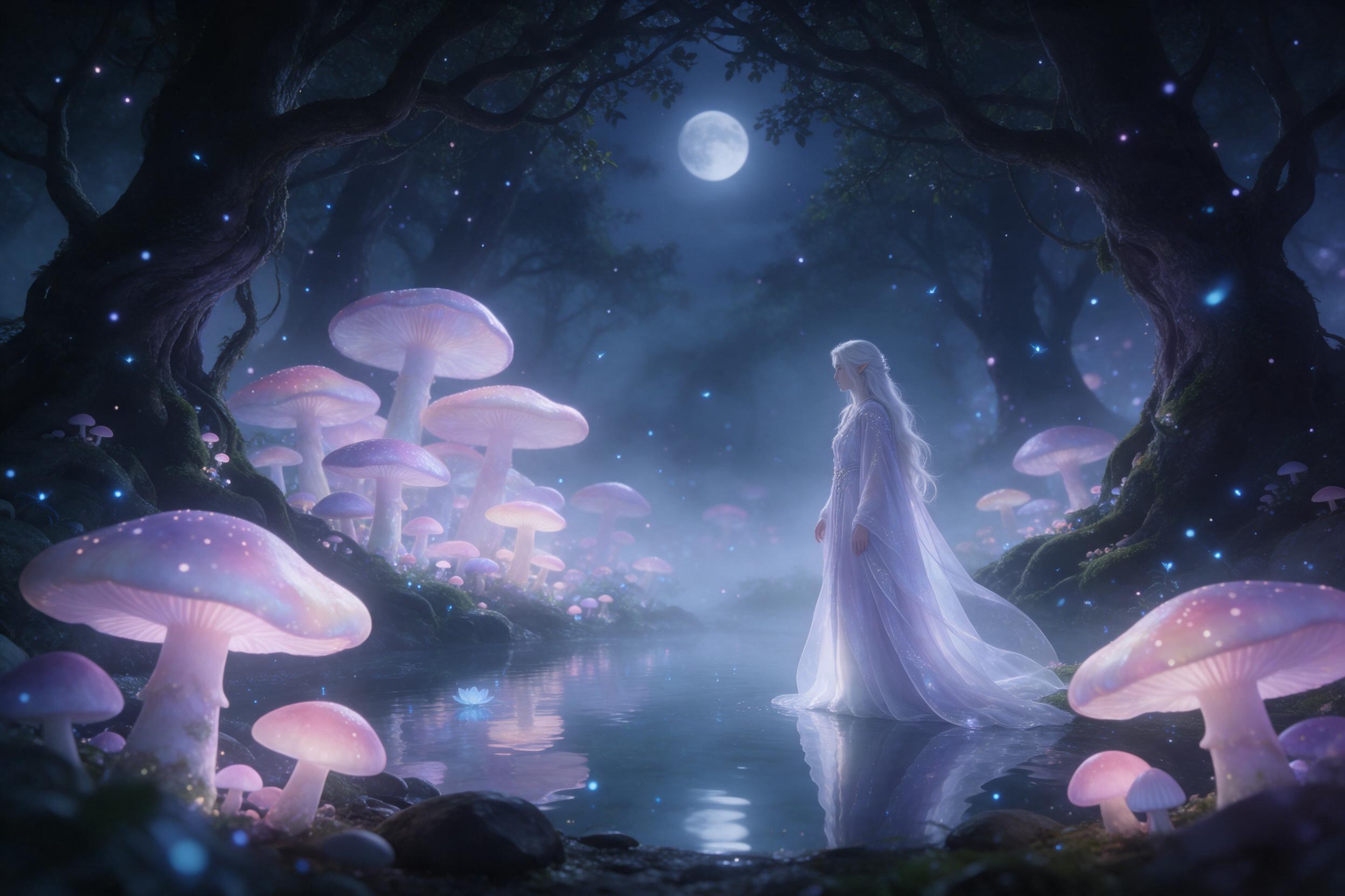 A moonlit enchanted forest clearing with giant glowing mushrooms, tiny blue fireflies drifting, a silver-haired elf in flowing robes standing by a crystal pond, soft mist, luminous pastel colors, ethereal atmosphere, gentle camera focus on the elf, misty depth in background