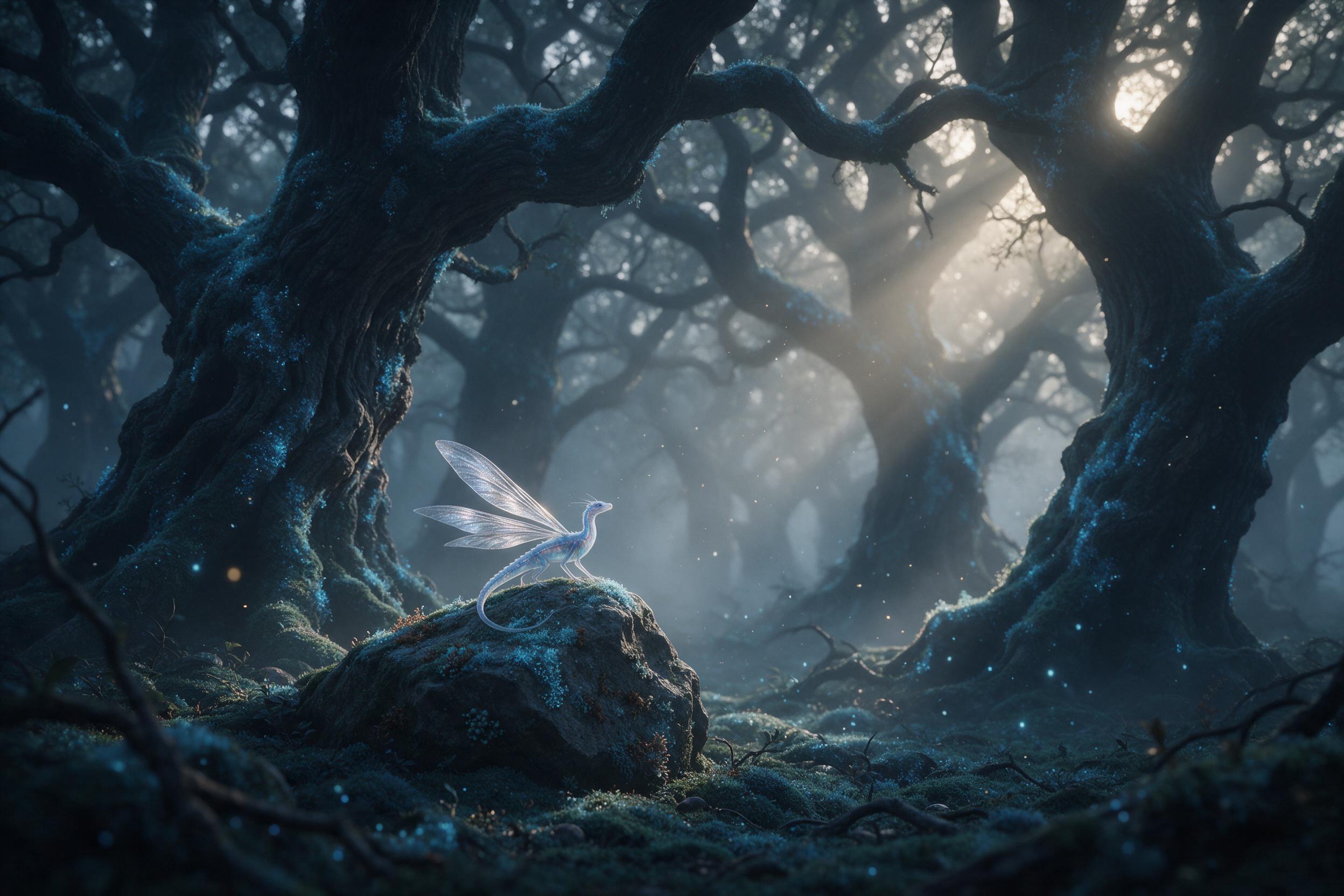 A misty ancient forest at dawn, towering twisted oaks draped in glowing blue moss, a small translucent dragon with silver wings perched on a mossy stone, soft golden light rays piercing through fog, ethereal particles floating in the air, shallow depth of field, tranquil and mysterious mood, natural