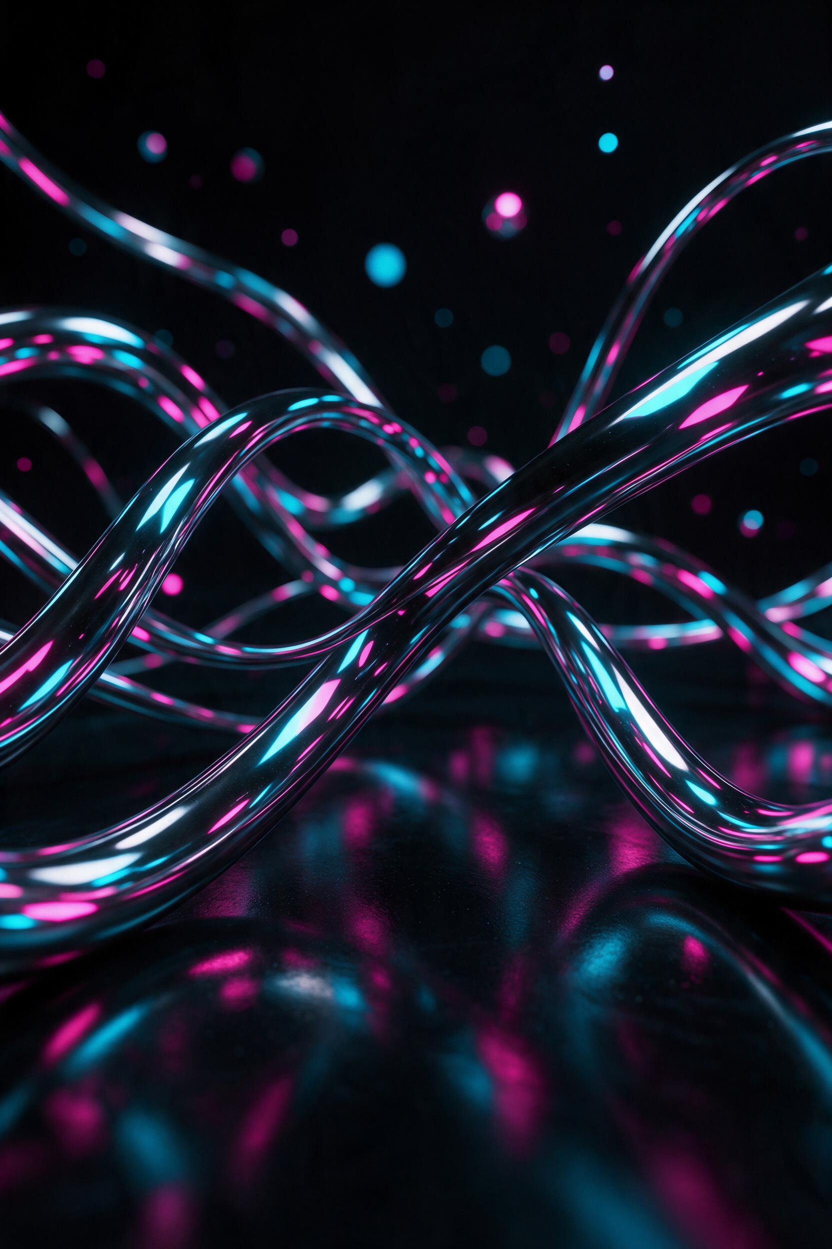 Liquid chrome ribbons weaving through a dark void, each strand reflecting fractured neon magenta and cyan light, shot with a macro lens on black glass, subtle caustics and bokeh, dramatic low-key lighting, no text or letters