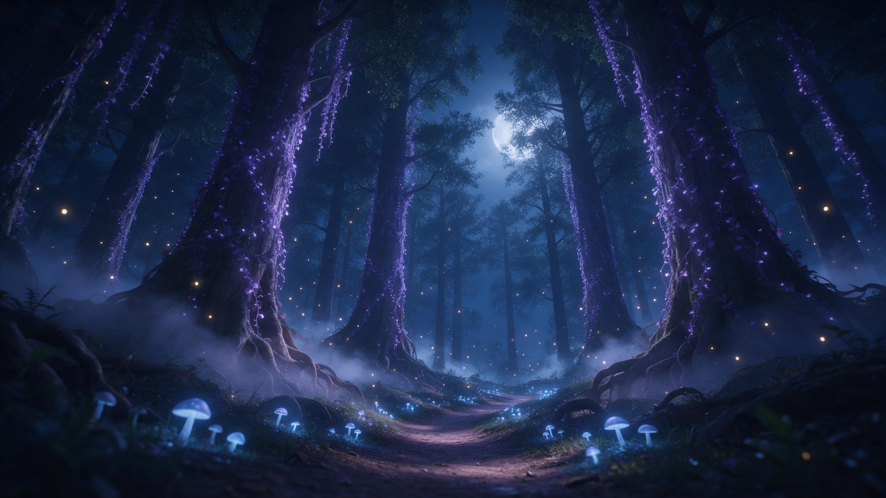 A moonlit enchanted forest with towering ancient trees draped in glowing violet vines, soft mist curling between roots, bioluminescent mushrooms casting warm blue light on a winding path, fireflies drifting like stars, ethereal, dreamlike atmosphere, low-angle composition emphasizing tree heights, g