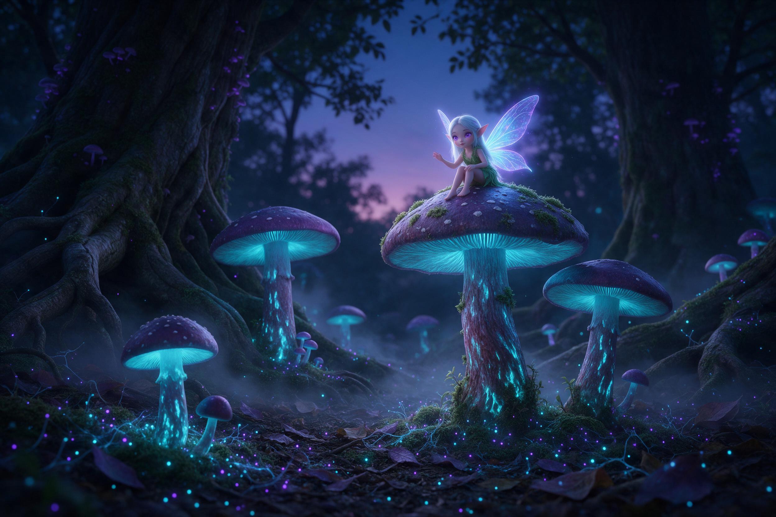 A bioluminescent mushroom forest at dusk, dappled cyan and violet light casting soft shadows, a tiny fairy figure with glowing wings perched on a mossy cap, mist weaving through ancient tree roots, ground covered in phosphorescent spores, ethereal atmosphere