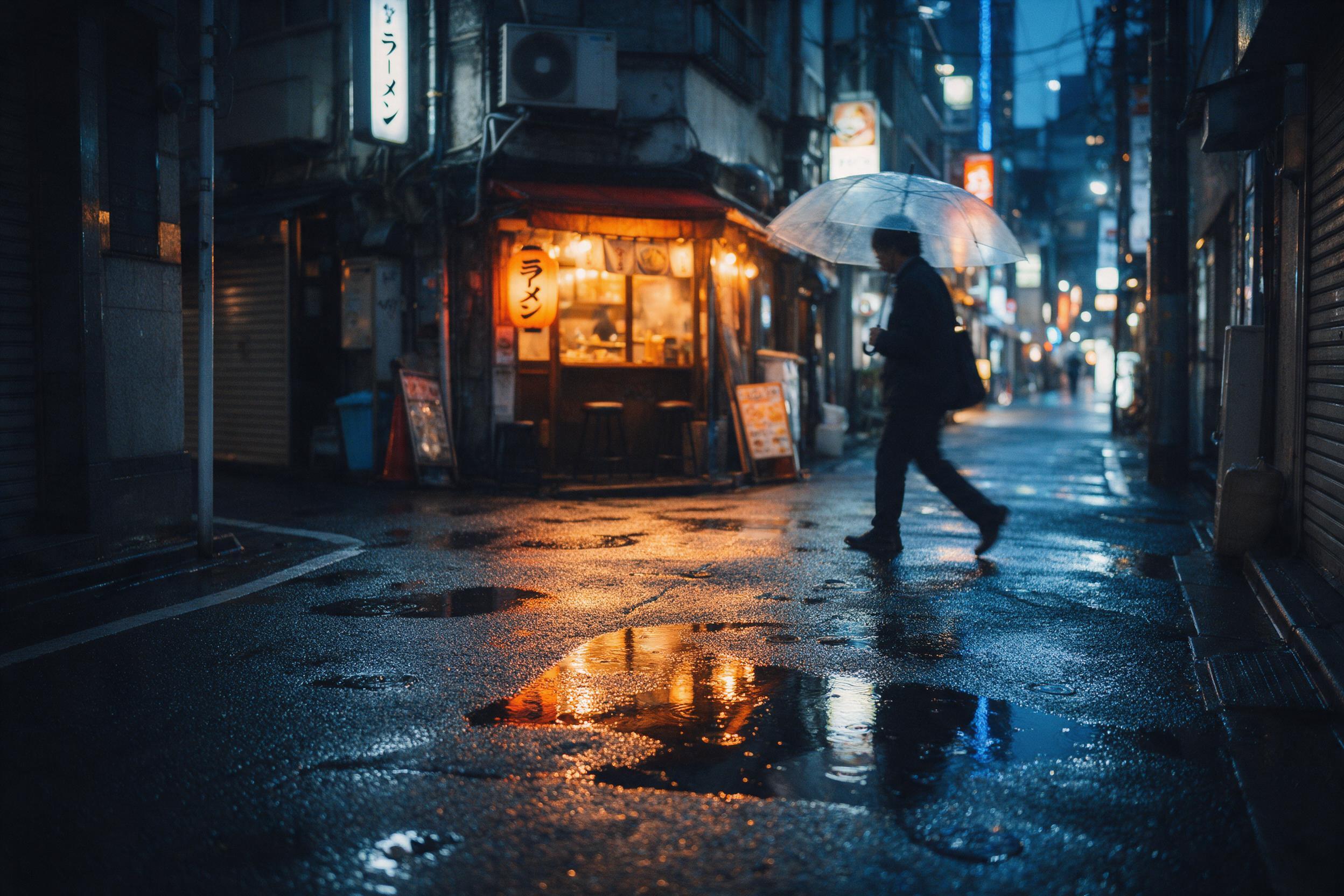 A quiet rainy evening on a narrow Tokyo street, neon signs reflecting in puddles, a lone pedestrian with a transparent umbrella, warm glow from a small ramen shop, wet asphalt texture, shallow depth of field, slight motion blur on the pedestrian, cool blue tones punctuated by amber light.