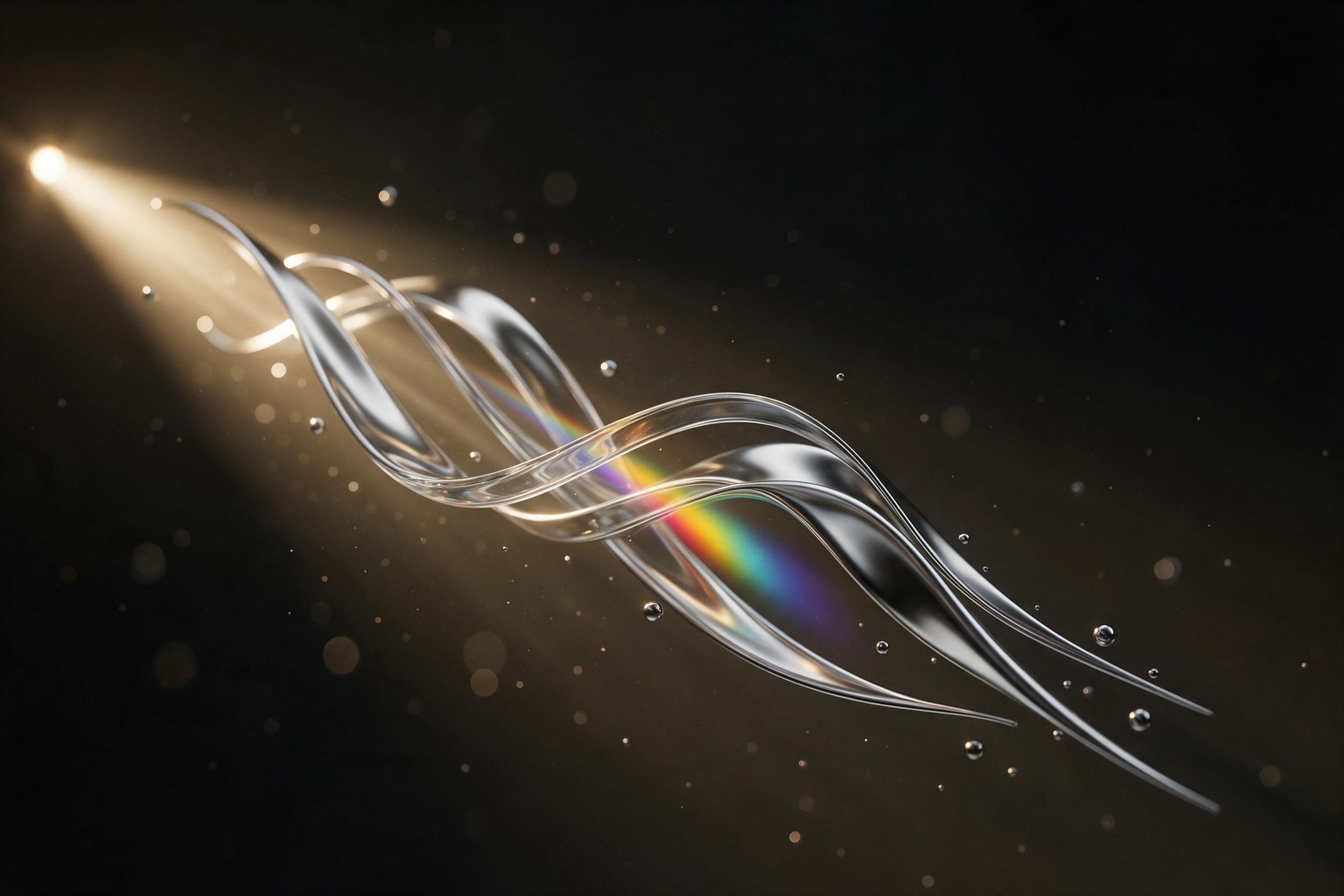 Liquid chrome and glass ribbons interweave in a dark void, refracting a single warm beam of light into a spectrum. Macro viewpoint, shallow depth of field with soft bokeh. Subtle dust particles float, catching glints. Smooth, fluid forms with sharp specular highlights; minimalism emphasized.