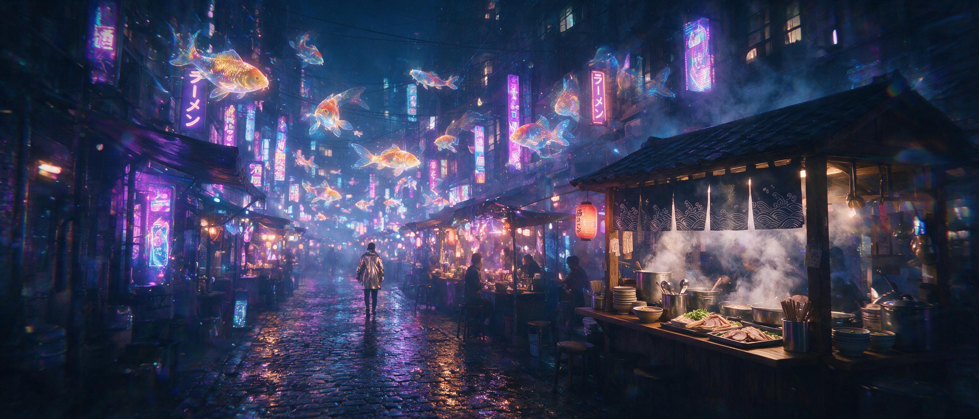 A neon-lit cyberpunk market alley at night, holographic koi fish swimming through the air, steaming ramen stalls, rain-slicked cobblestones reflecting purple and blue lights, a lone figure in a metallic coat walking away, slight lens flare, cinematic composition