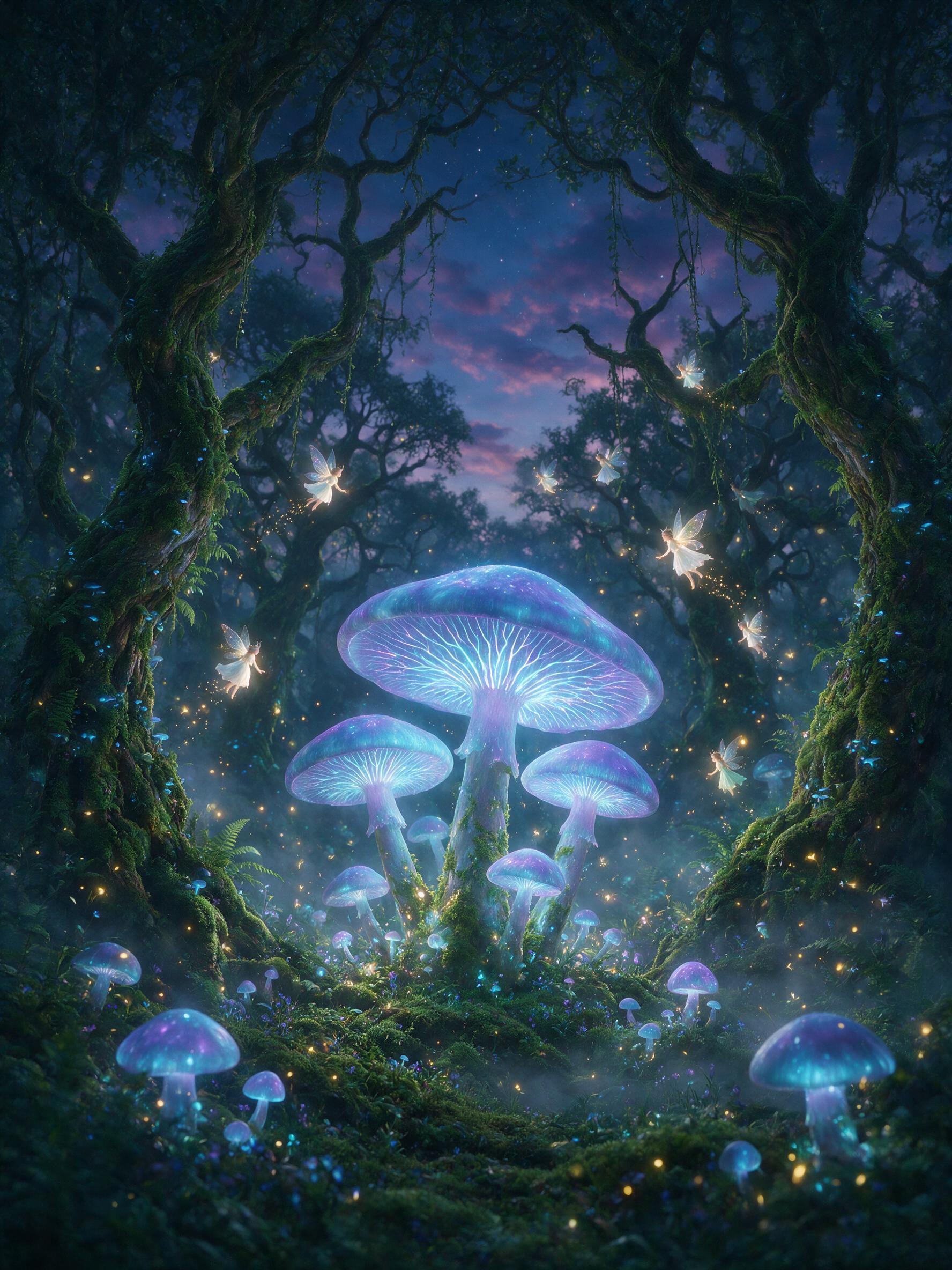 A luminous forest at twilight, giant glowing mushrooms with soft bioluminescent blue and purple light, small fairy-like creatures floating among ancient twisted trees, mist hovering low, warm golden fireflies scattered, ethereal atmosphere, dreamy soft focus
