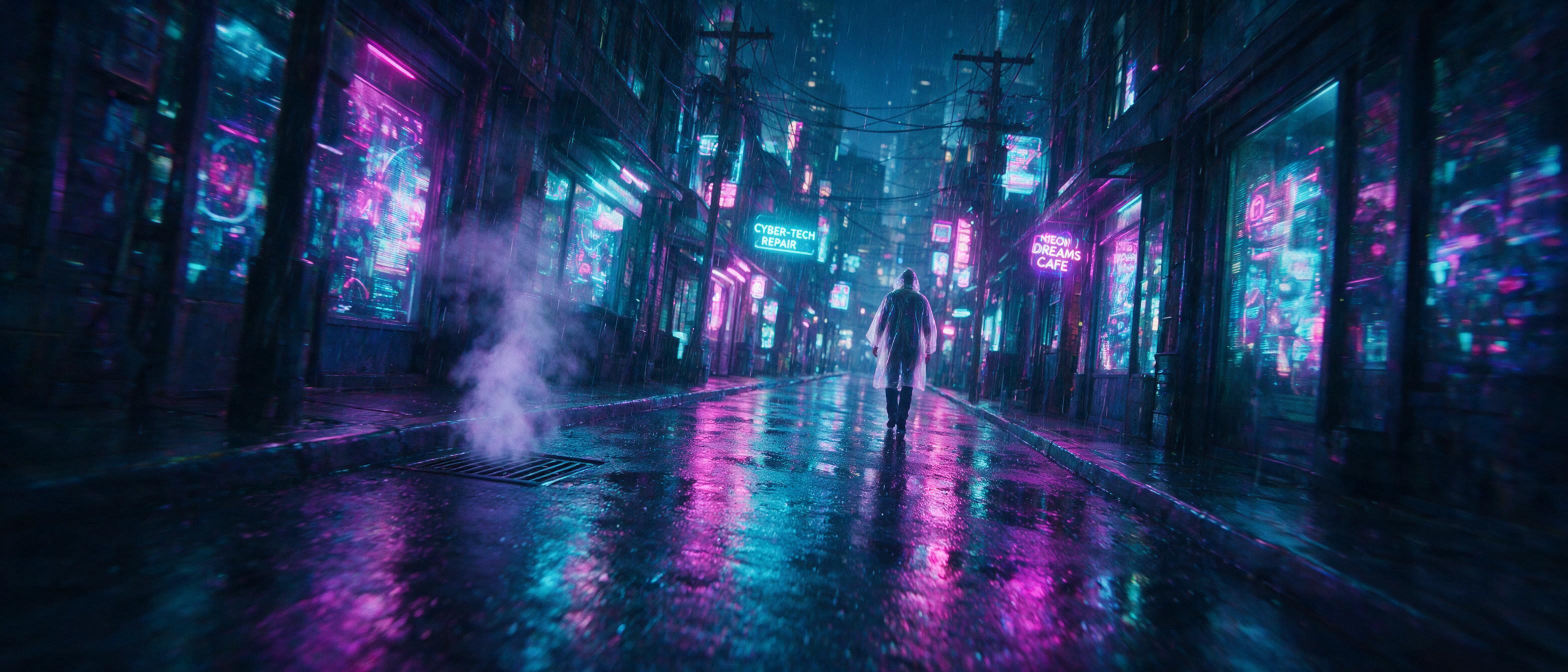A dimly lit cyberpunk alley at midnight, rain-slicked asphalt reflecting neon signs in magenta and cyan, steam rising from a street vent, a lone figure in a translucent raincoat walking away, blurred holographic advertisements on wet walls, shallow depth of field, slight motion blur from handheld ca