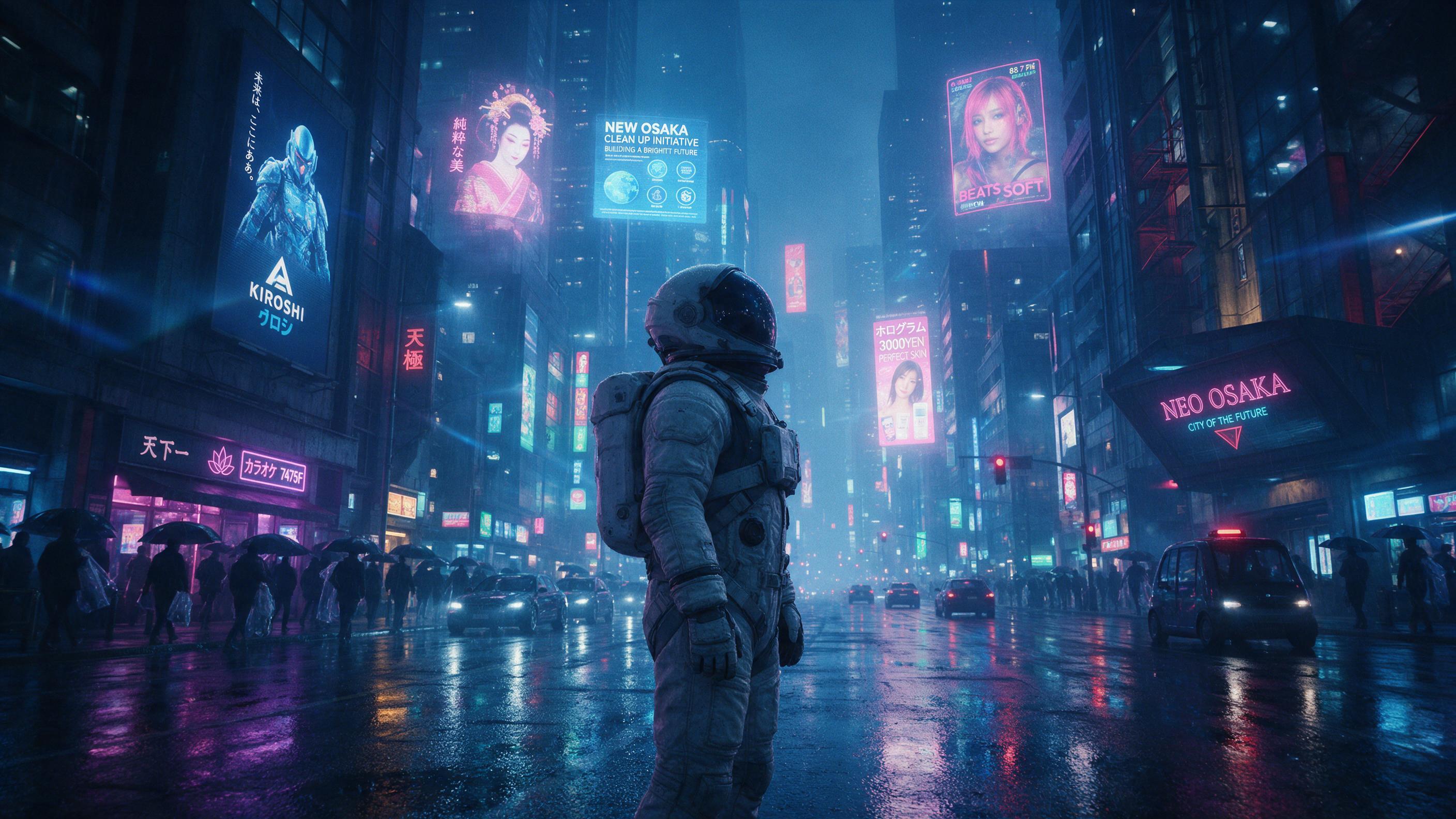 A lone astronaut stands on a rain-soaked neon-lit street in a cyberpunk city, holographic advertisements flickering between towering skyscrapers, reflections shimmering on wet asphalt, atmospheric haze, cinematic wide shot, cool blue and magenta tones, slight lens flare