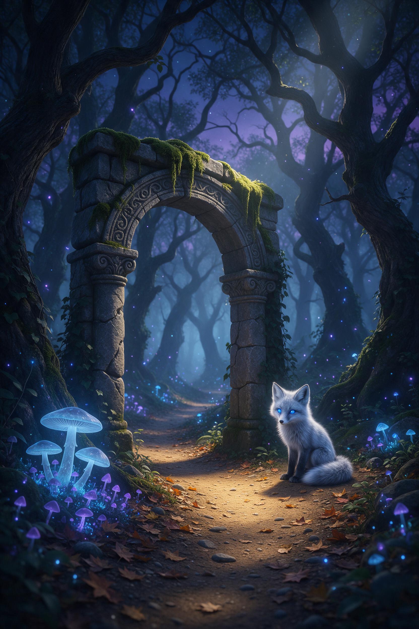 An ancient, moss-covered stone archway stands in a misty bioluminescent forest at twilight. Blue and purple glowing mushrooms line the winding dirt path. A tiny fox with silver fur and glowing blue eyes sits beside the arch, looking back. Soft volumetric light filters through twisted trees; floating