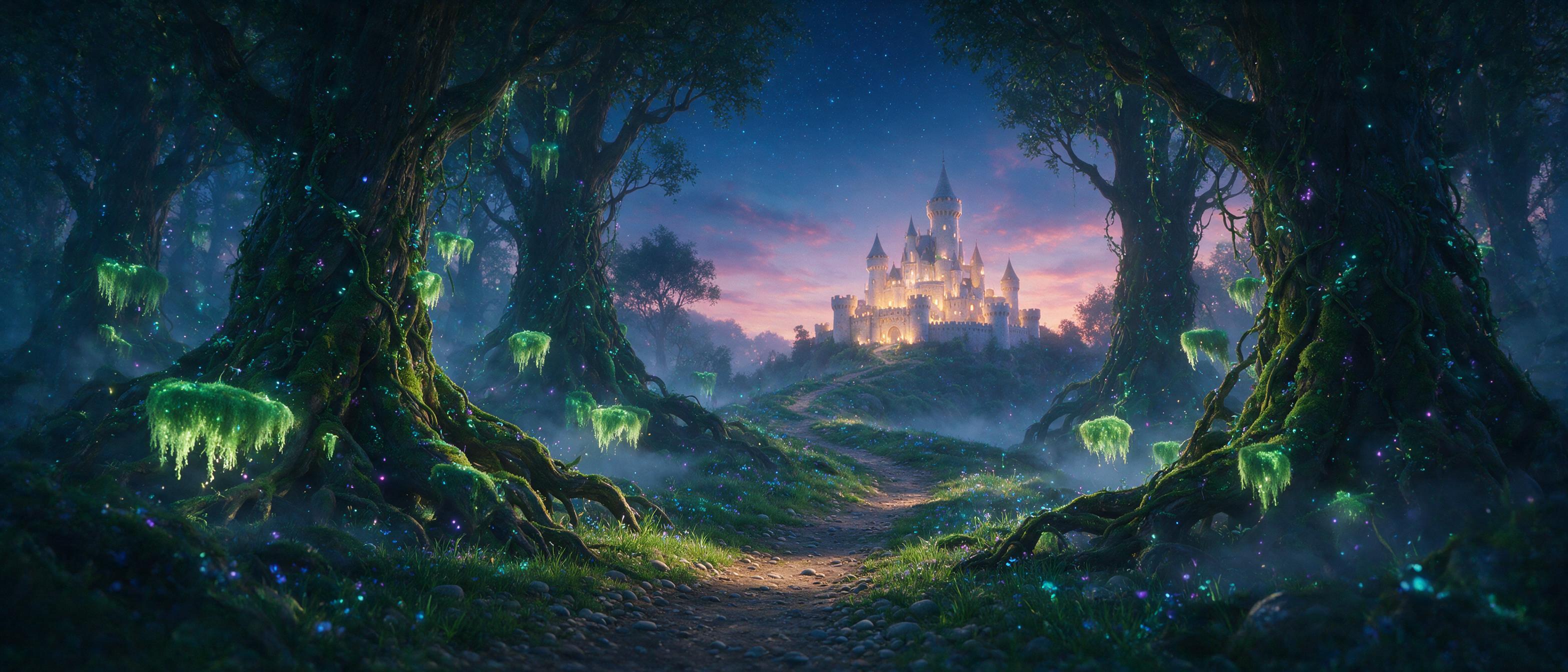 A glowing, bioluminescent forest at twilight, with ancient trees whose roots intertwine with floating moss, soft blue and purple light particles drifting through the air, a winding path leading to a distant castle, misty atmosphere, cinematic composition