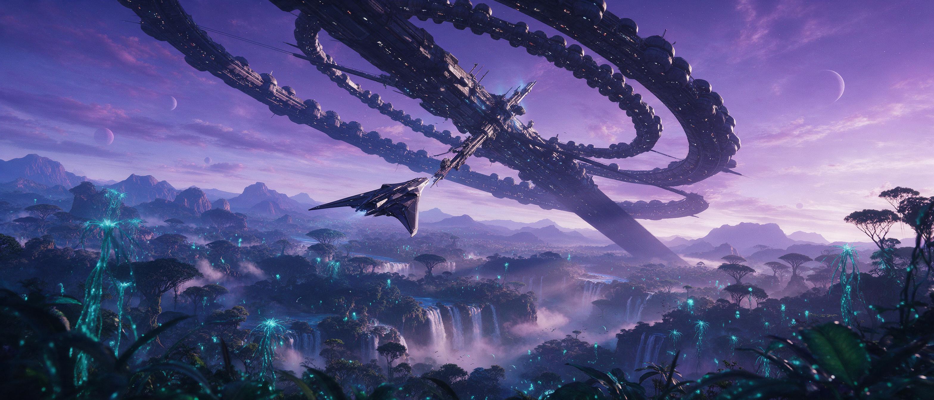 A massive orbital ring station casting a long shadow over an alien jungle planet, bioluminescent vines glowing teal under a purple sky, sleek angular spacecraft docking, volumetric fog from waterfalls, cinematic wide shot with depth of field