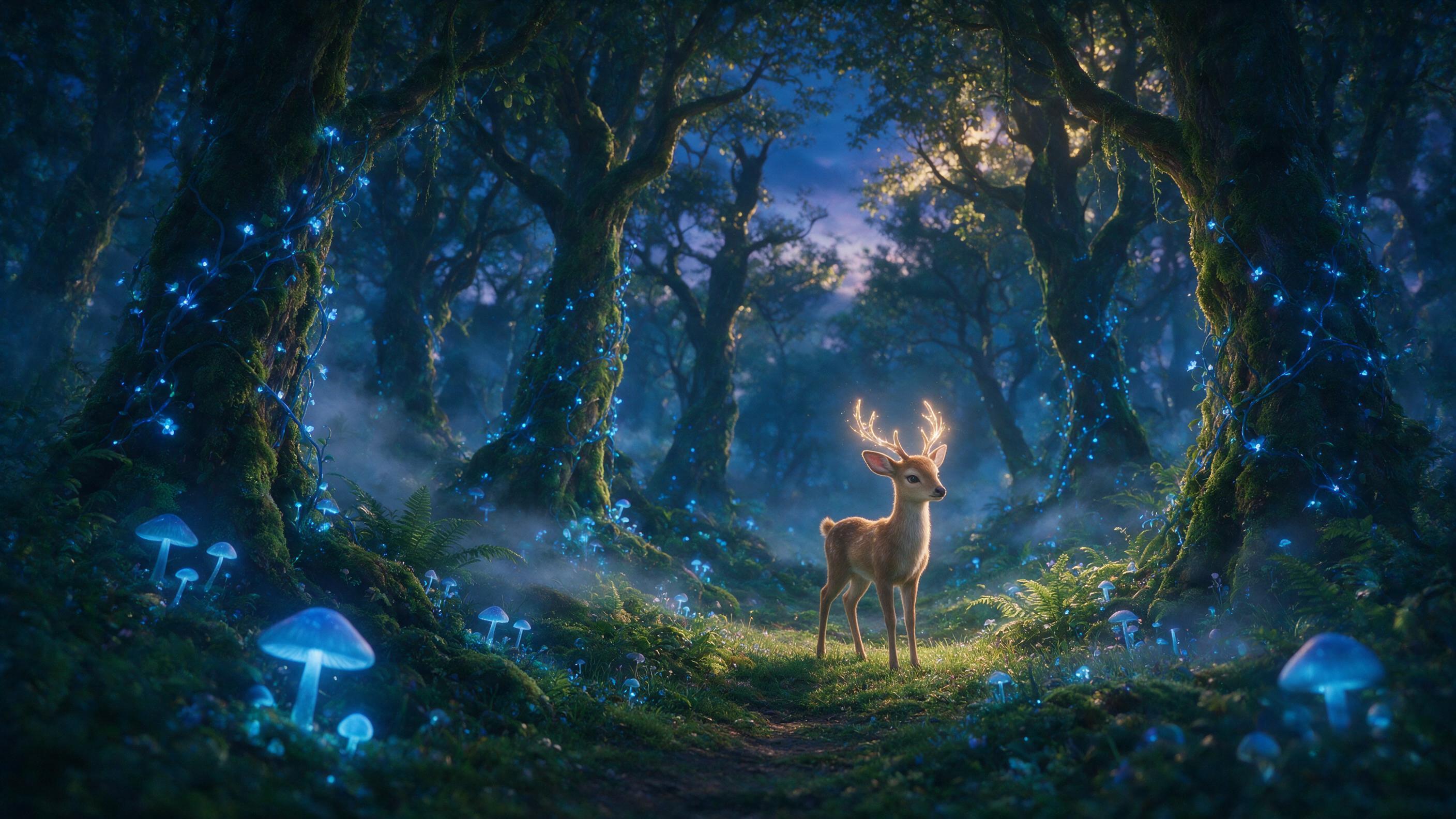 An ethereal forest at twilight, glowing bioluminescent mushrooms and vines casting soft blue light, a gentle mist swirling between ancient moss-covered trees, with a small deer whose antlers shimmer with a faint golden aura, captured with a dreamy, slightly soft focus, natural lighting filtering thr