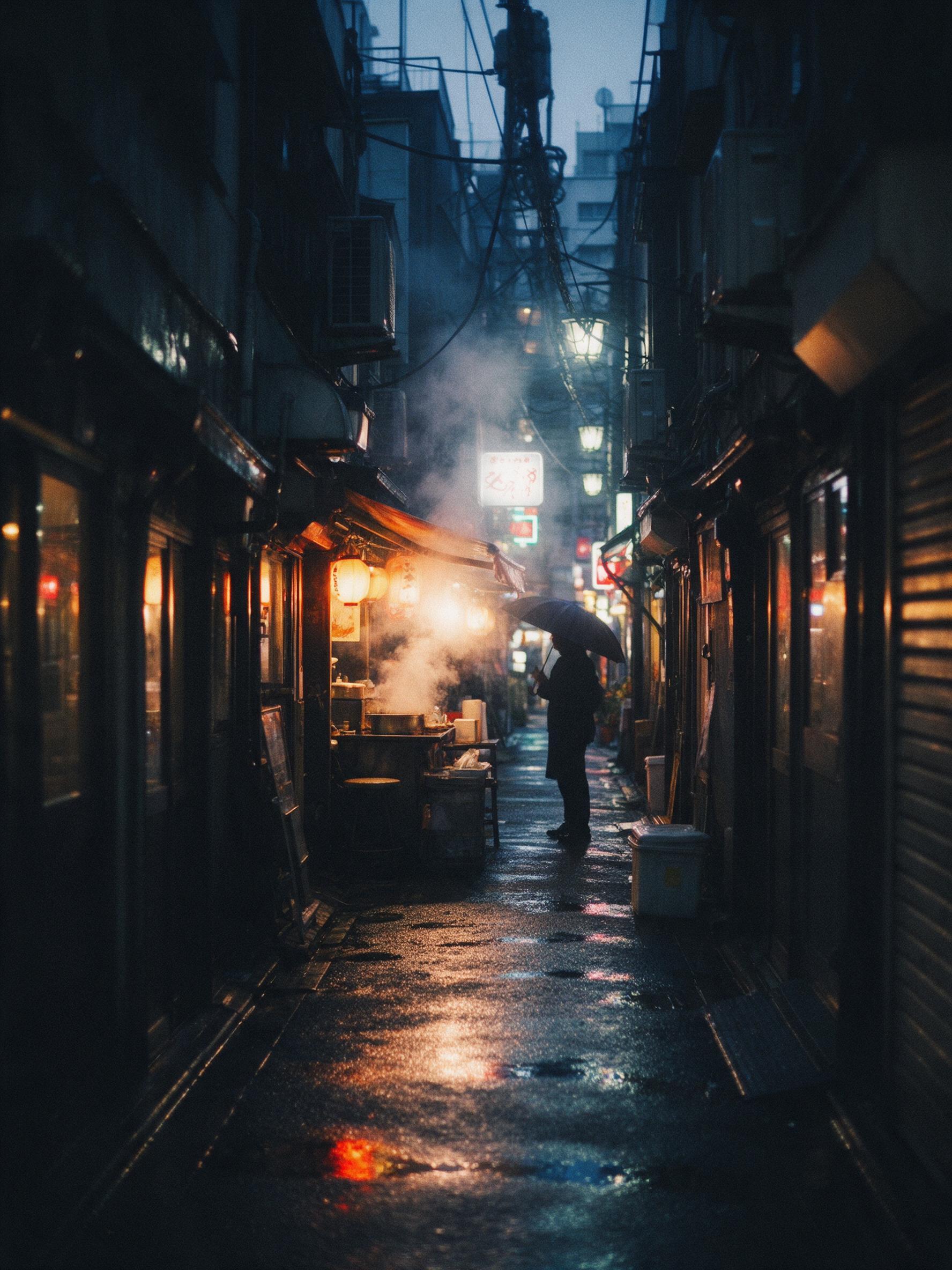 Street-level view of a narrow Tokyo alley after rain, neon sign reflections on wet asphalt, steam rising from a food stall, warm lantern light contrasting cool blue dusk, a lone silhouette with umbrella, medium format film grain, slight motion blur.