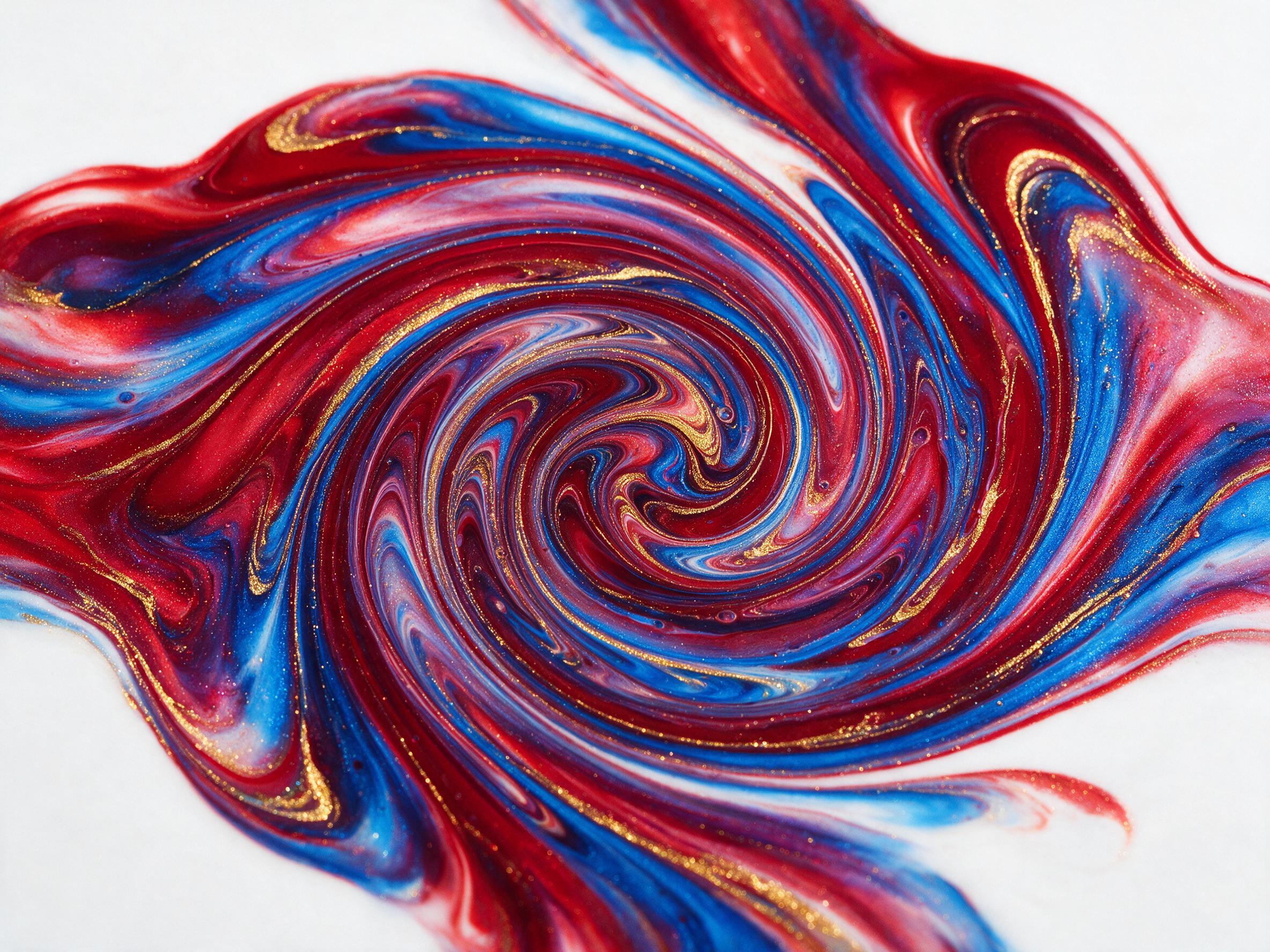 Fluid art composition with vibrant swirls of deep crimson, electric blue, and gold. Dynamic organic shapes merging into a central vortex. Soft diffused lighting from above, subtle reflections on glossy surface. Minimalist background with negative space. Grain texture.