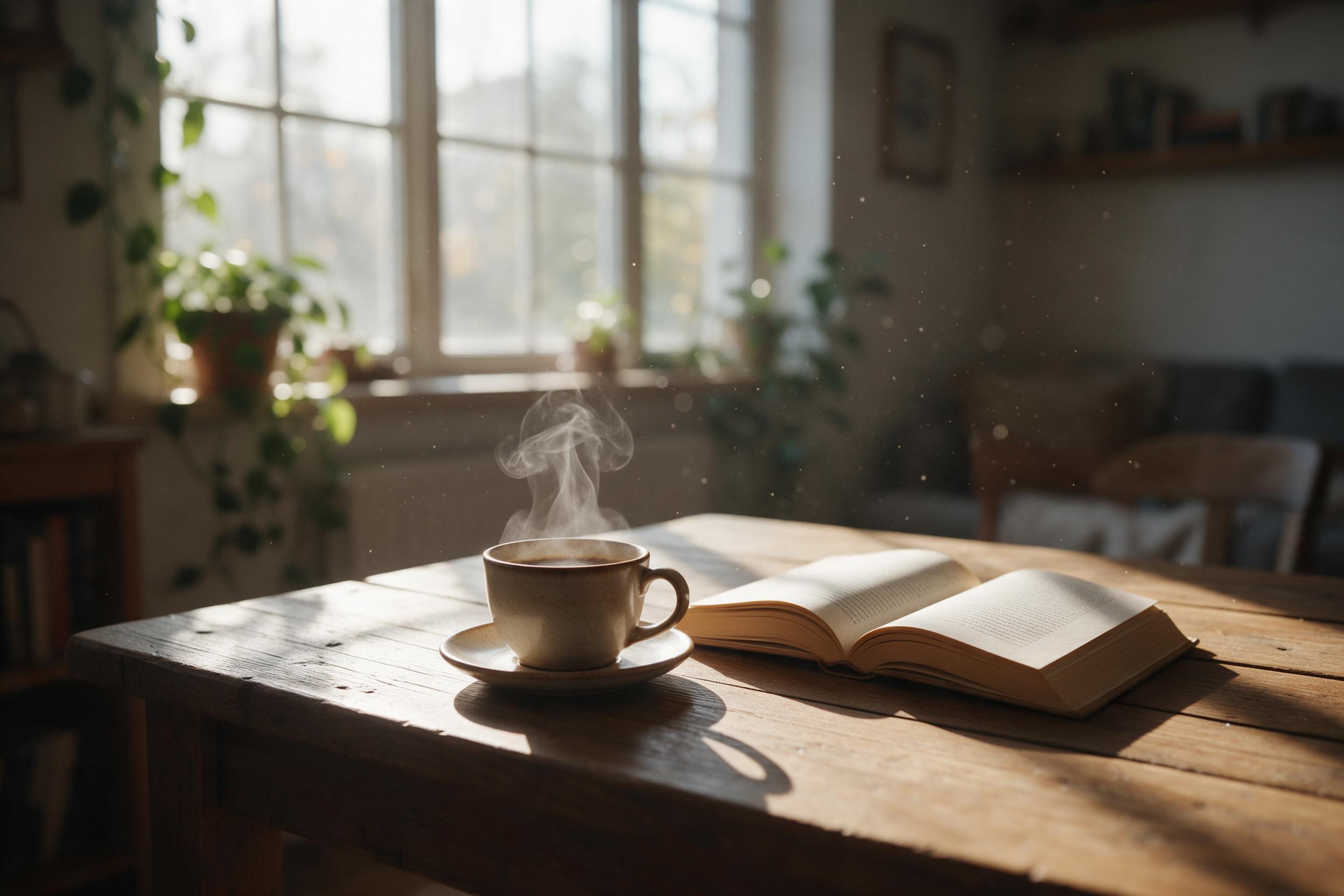 Morning light spills through a large window onto a rustic wooden table, steaming ceramic coffee cup beside a half-open book, soft shadows across a cozy room with trailing plants, gentle dust particles in the air, shallow depth of field, warm tones, quiet domestic atmosphere