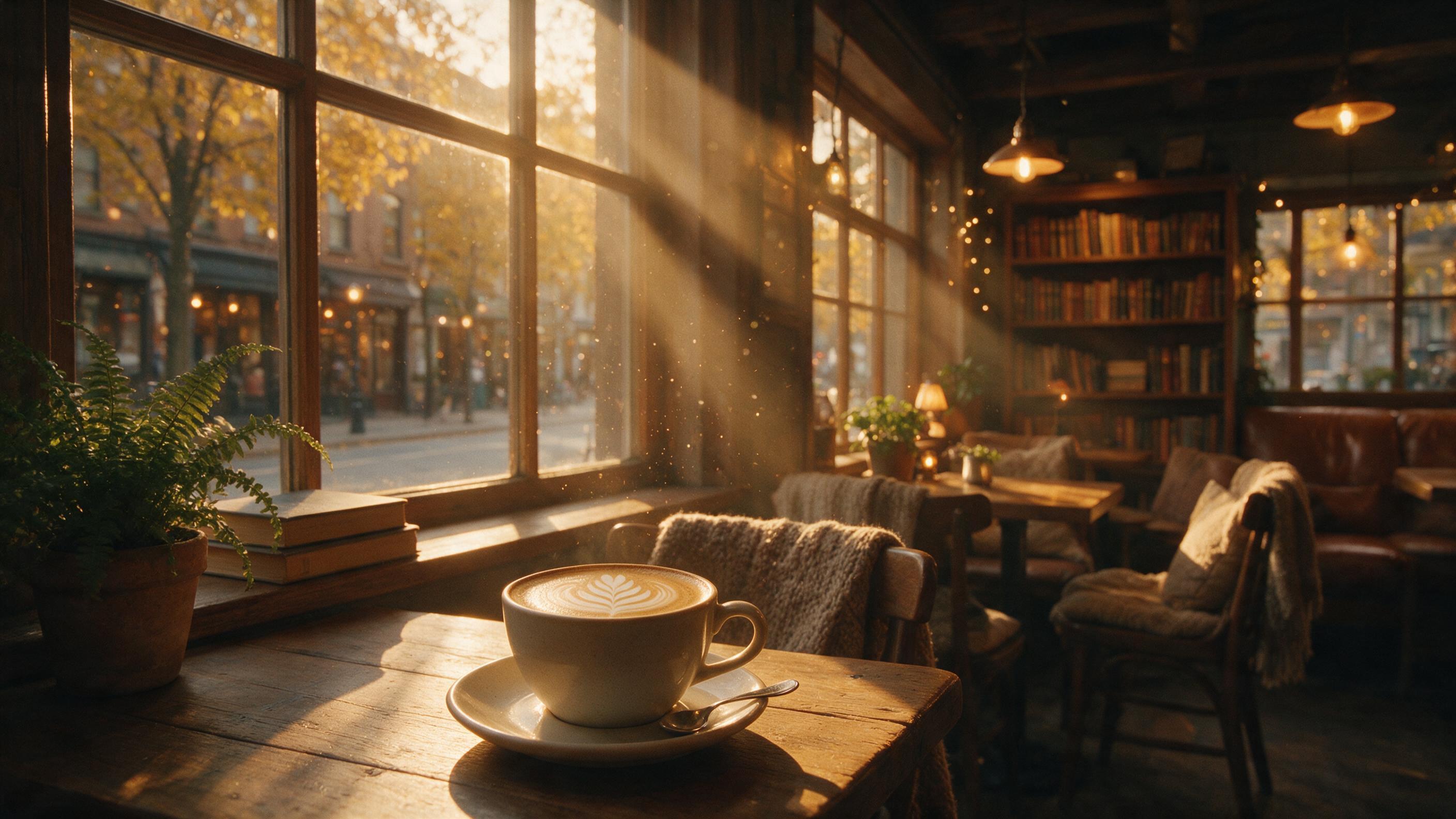 A cozy, dimly lit café interior at golden hour, warm amber light streaming through a window with dust motes dancing, a latte art of a leaf on a wooden table, slight film grain, soft focus on the background, no people, inviting atmosphere.