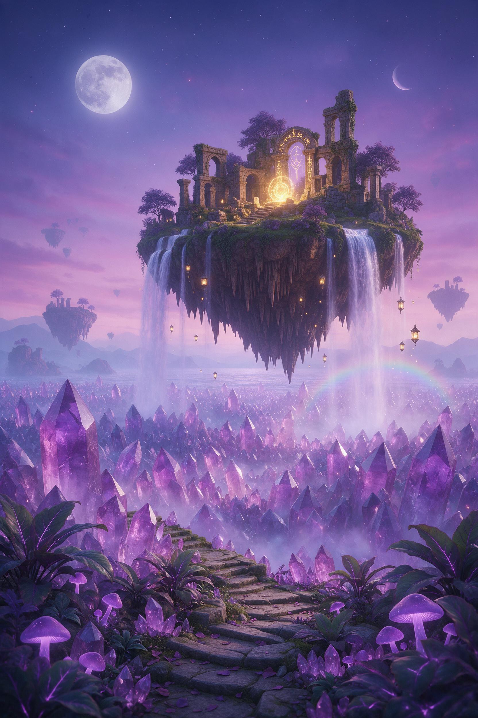 A floating island above a sea of amethyst crystals, ancient stone ruins with glowing glyphs, waterfalls cascading into the void, twilight sky with two moons, warm golden light from the ruins contrasting cool violet ambiance, atmospheric perspective, detailed foreground flora, serene and mysterious m