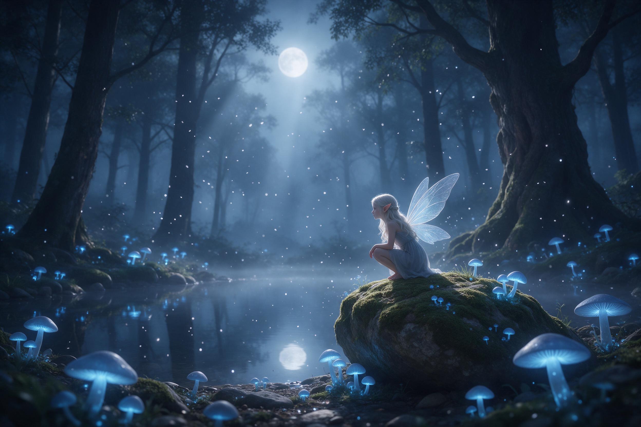 A misty moonlit forest with bioluminescent blue mushrooms and floating spores, a small fairy with translucent wings perched on a mossy stone, soft volumetric light rays piercing through ancient trees, water reflections in a still pond, magical and serene atmosphere, subtle depth of field, dreamy pai