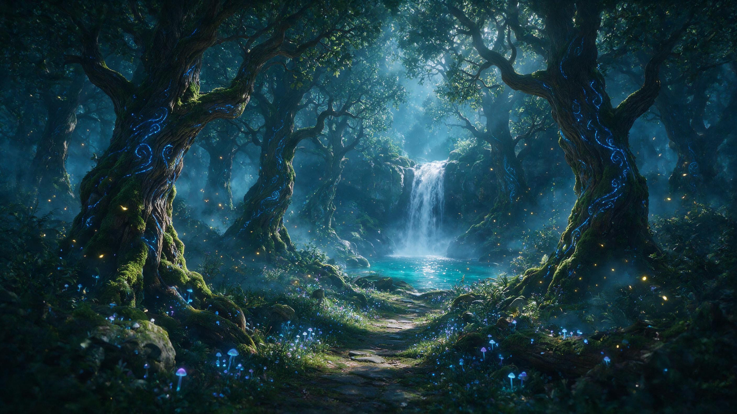 A moonlit enchanted forest, ancient twisted oaks with glowing blue runes, a narrow path of luminous mushrooms leading to a distant waterfall, mist swirling between trees, soft silver light rays filtering through canopy, fireflies drifting, ethereal atmosphere, intricate detail, cinematic composition