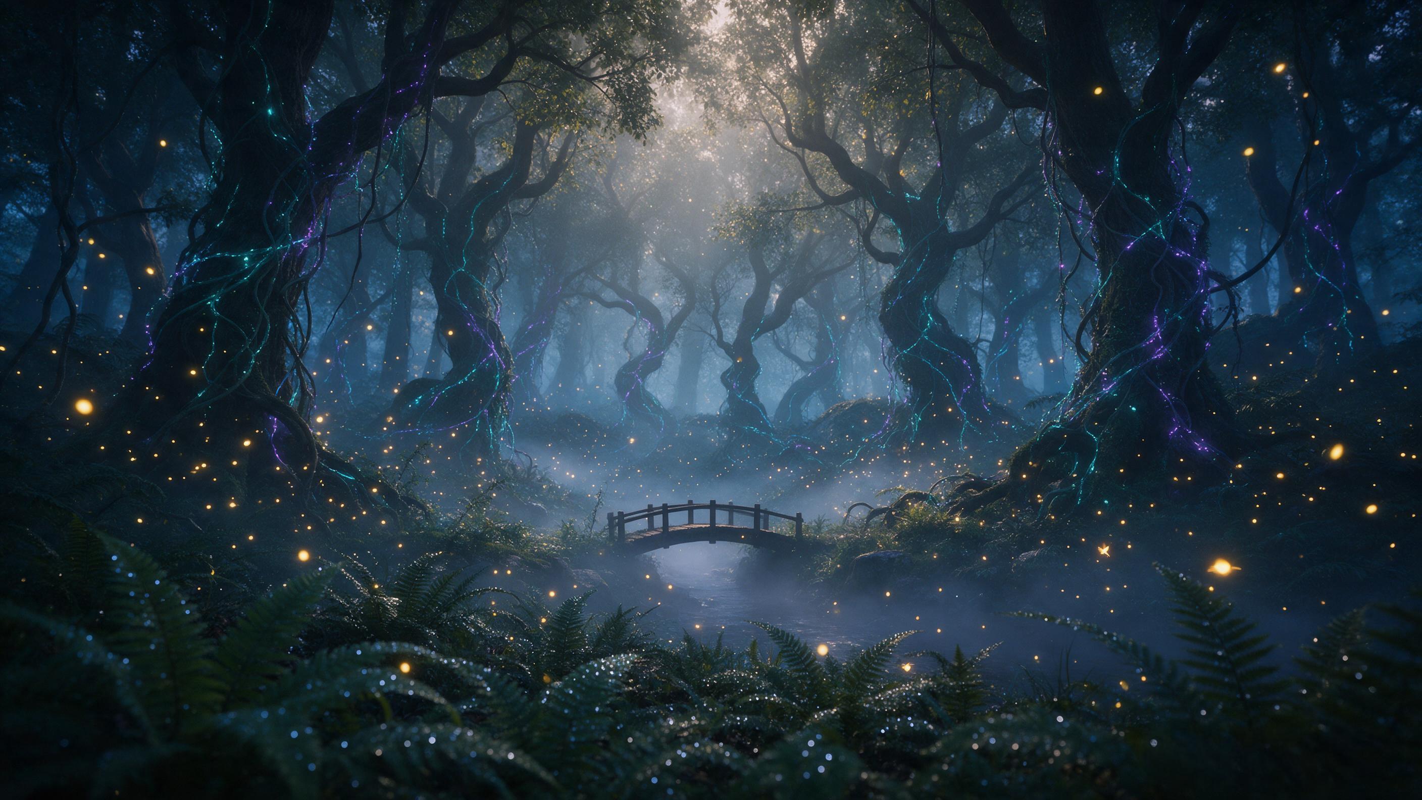 A glowing bioluminescent forest at twilight, ancient twisted trees with teal and purple luminous vines, a small wooden bridge over a misty stream, fireflies floating in warm golden light, delicate fog, foreground ferns with dew, soft rays from above, dreamlike atmosphere