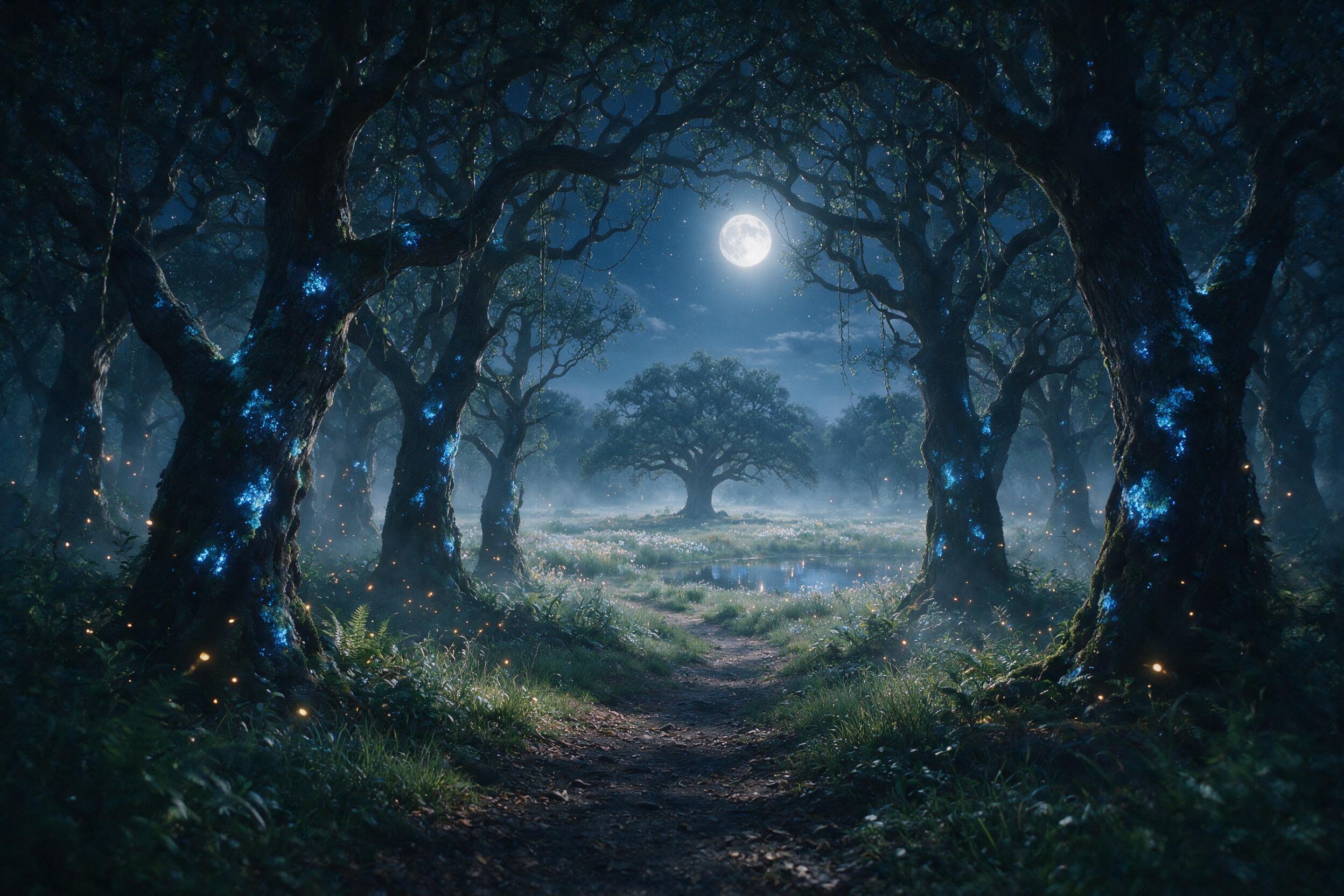 A luminous moonlit forest with ancient, gnarled trees glowing with soft blue bioluminescent moss. A narrow dirt path winds through the undergrowth, leading to a distant, misty clearing. Fireflies drift in the cool night air, casting warm amber light. Shot on 35mm film, shallow depth of field, natura