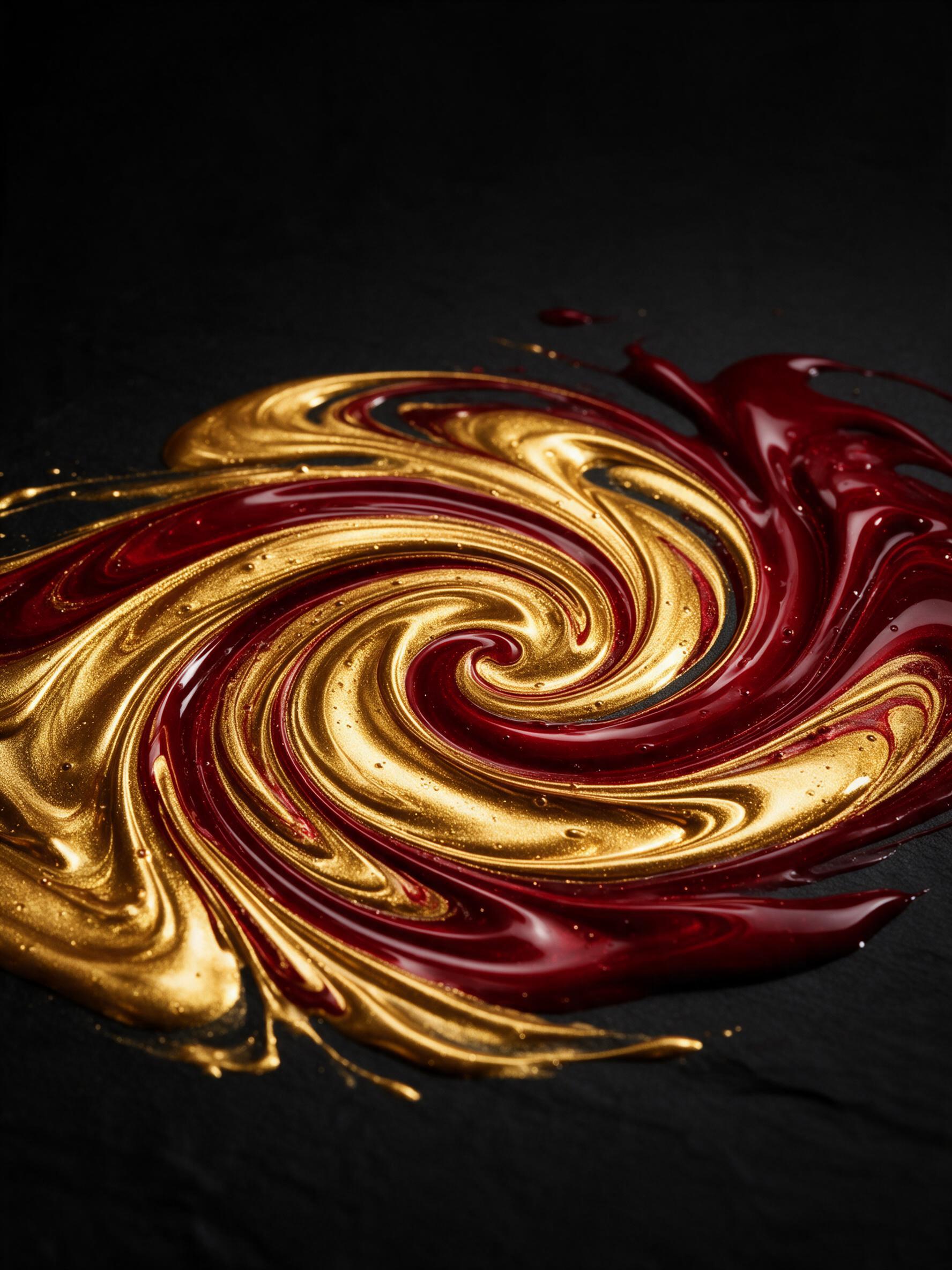 Molten gold and deep crimson liquid marble swirls frozen mid-motion, dynamic spirals on a black slate canvas, dramatic side lighting revealing glossy reflections and subtle bubbles, minimalist framing with generous negative space, high-contrast chiaroscuro.